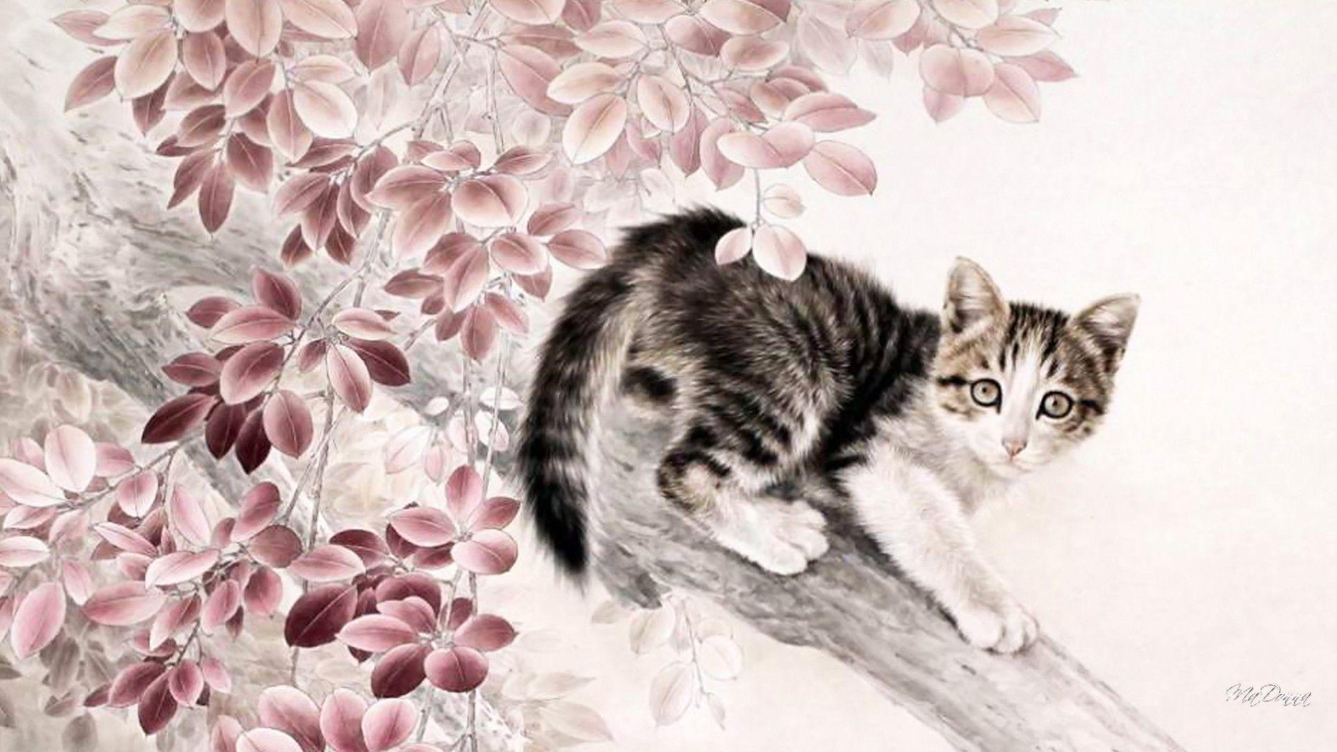1920x1080 Cat: Kitten Climb Kitty Feline Tree Soft Chinese Cat Leaves Painting