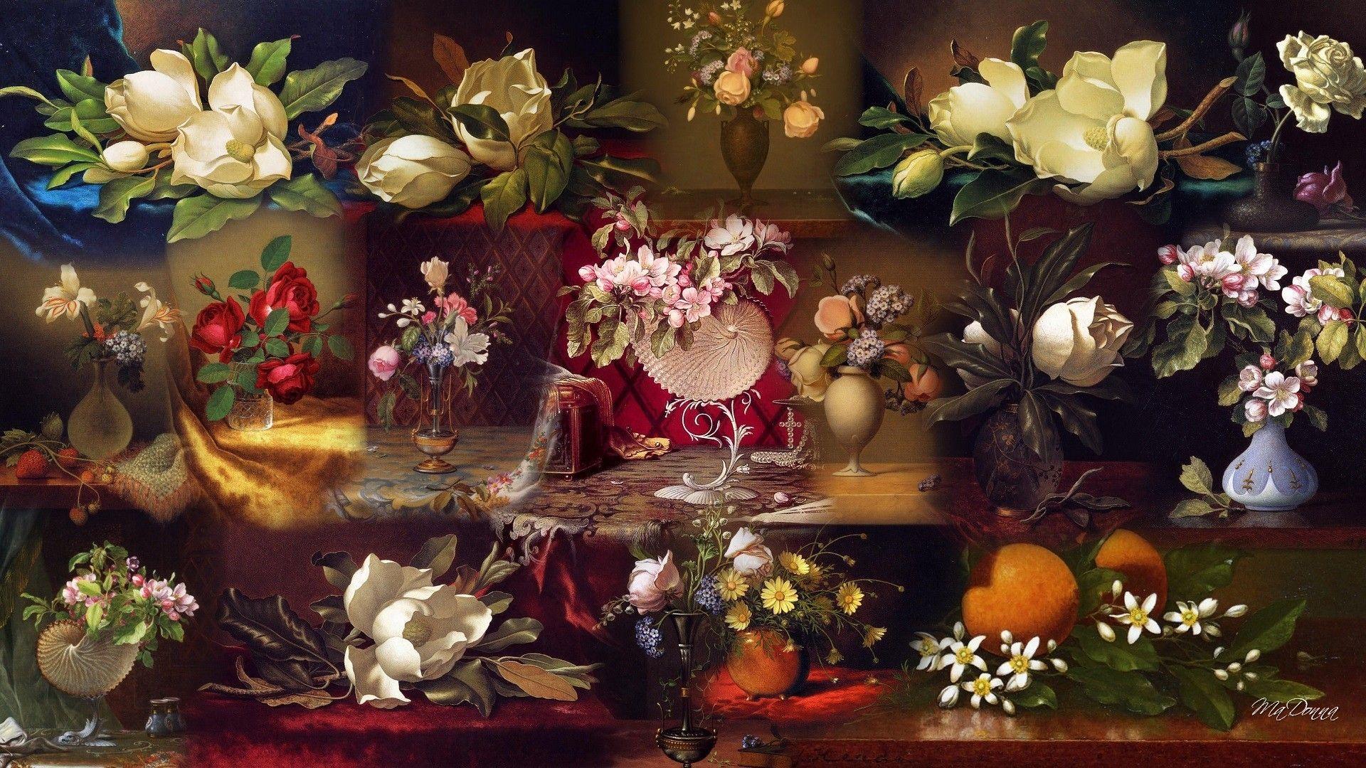 1920x1080 Flower: Floral Still Life Flowers Paintings Painting Summer Collage