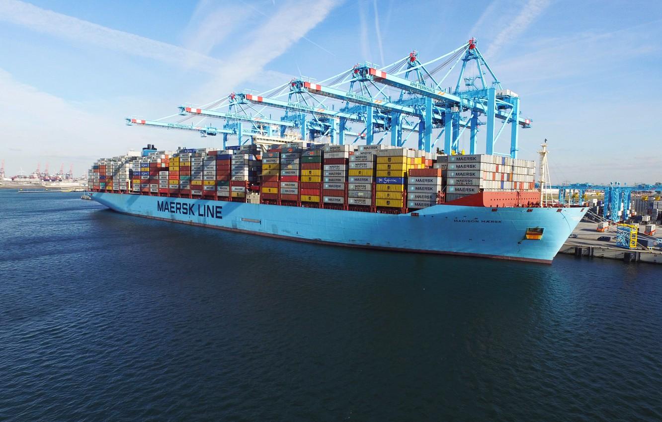 1332x850 Wallpaper Port, Board, The ship, Line, Cargo, A container ship, Cranes, Madison, Container, Maersk, Maersk Line, Maersk, Madison Maersk image for desktop, section другая техника