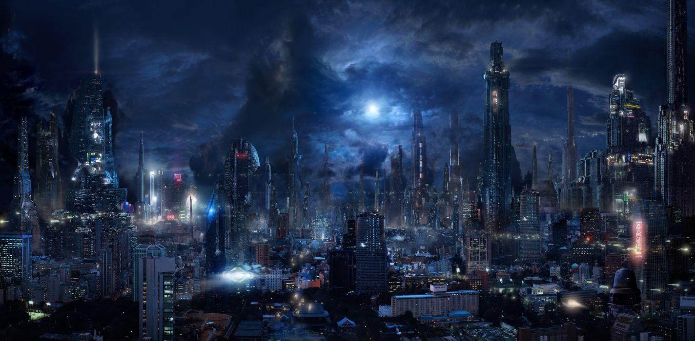 1424x700 Futuristic City Sci Fi Skyscrapers Night Dark City Flying Vehicles Wallpaperx1304