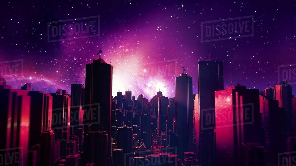 1200x675 Retro Futuristic City Flythrough Background. 80s Sci Fi Synthwave Landscape In Space With Stars. Vaporwave Stylized VJ 3D Illustration For EDM Music Video, Videogame Intro. 4K Motion Design Retrowave