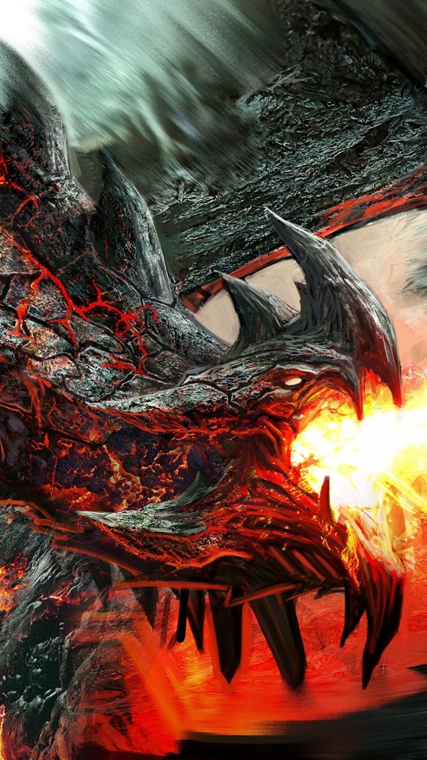 1440x2560 Wallpaper Dragon, Fire Breathing, Flame, Art