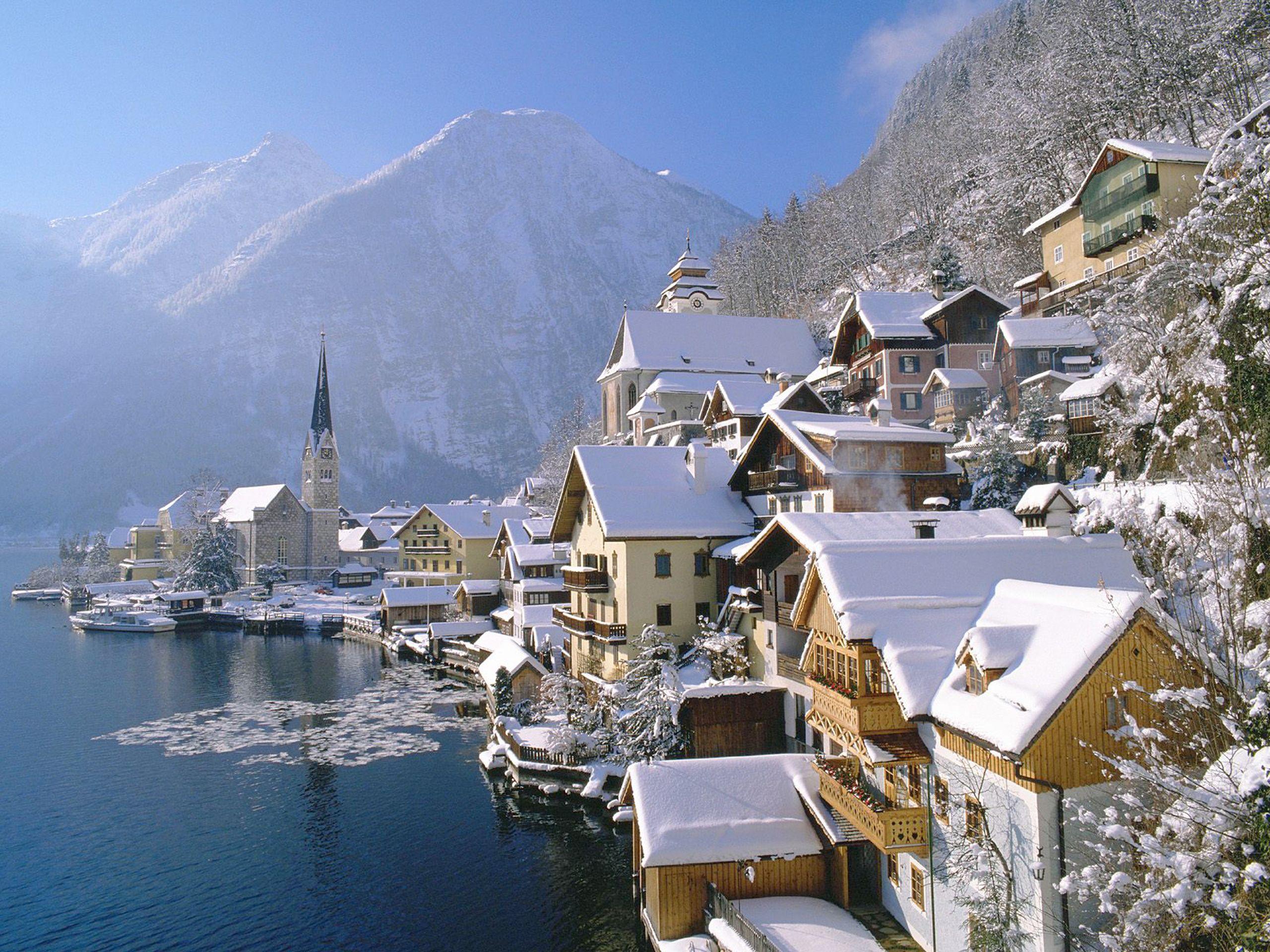 2560x1920 Austria, holstat, city, country, Winter, home, Mountains, water, ice, derevya, branch, snow wallpaper desktop background