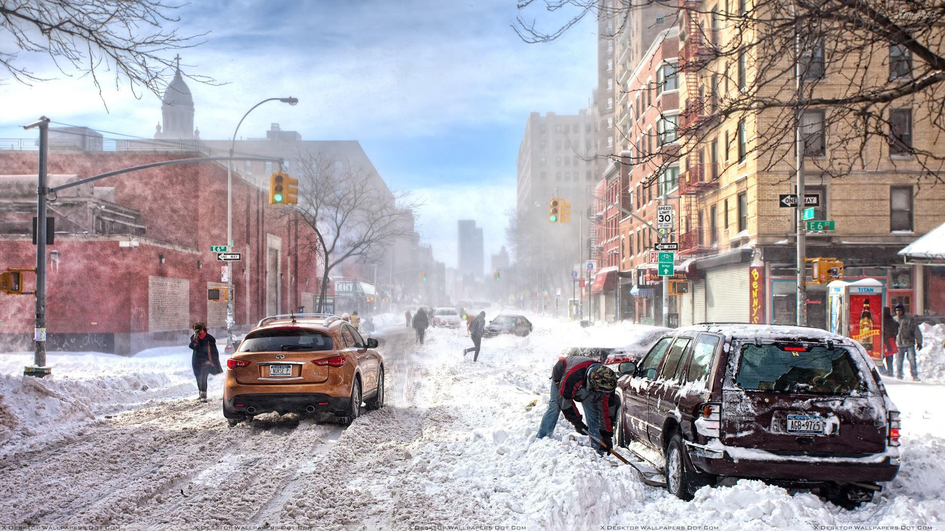 1920x1080 Snowfall in City Wallpaper