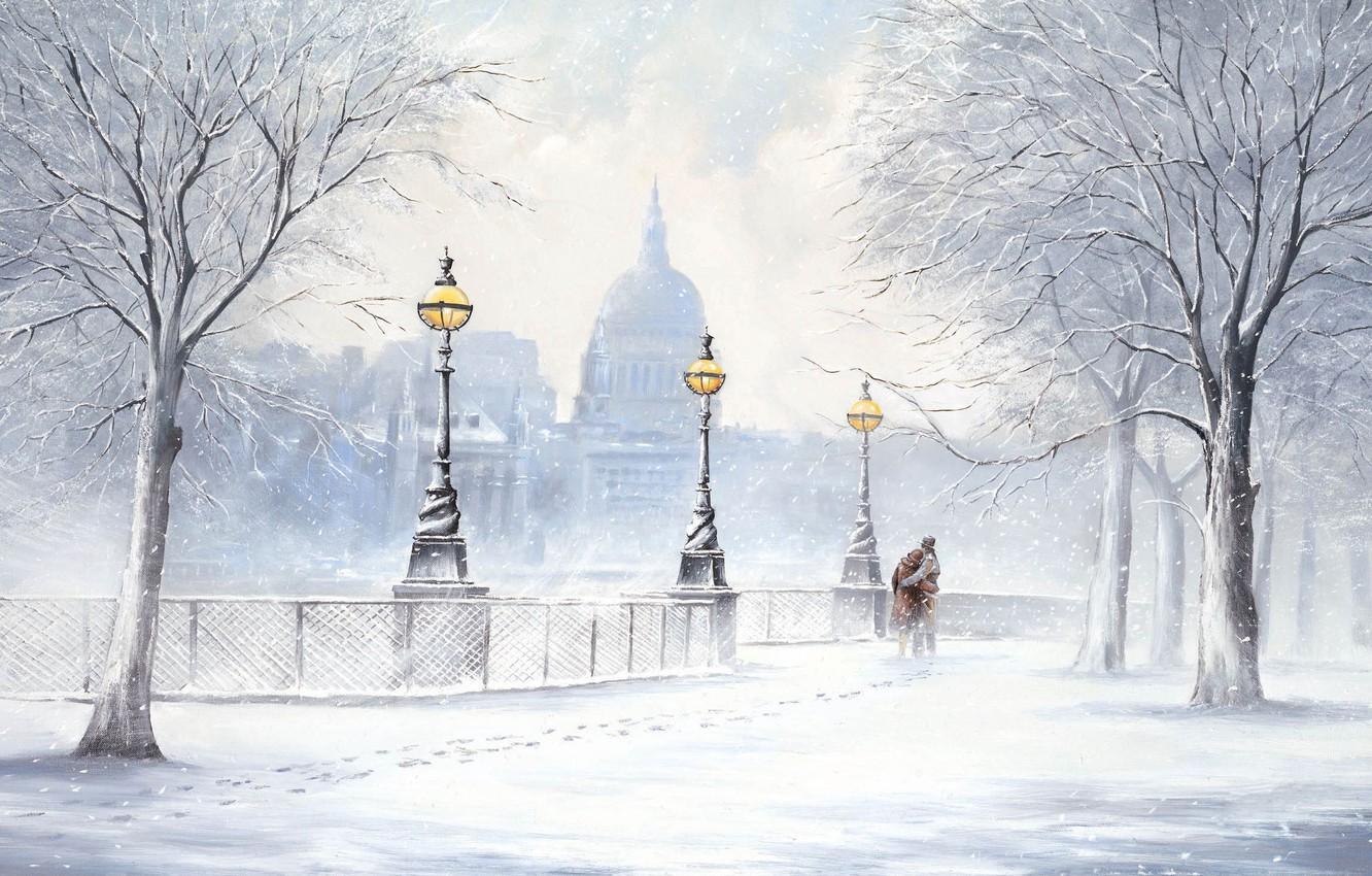 1332x850 Wallpaper winter, snow, trees, traces, the city, street, picture, lights, two, snowfall, Boulevard, Jeff Rowland image for desktop, section живопись