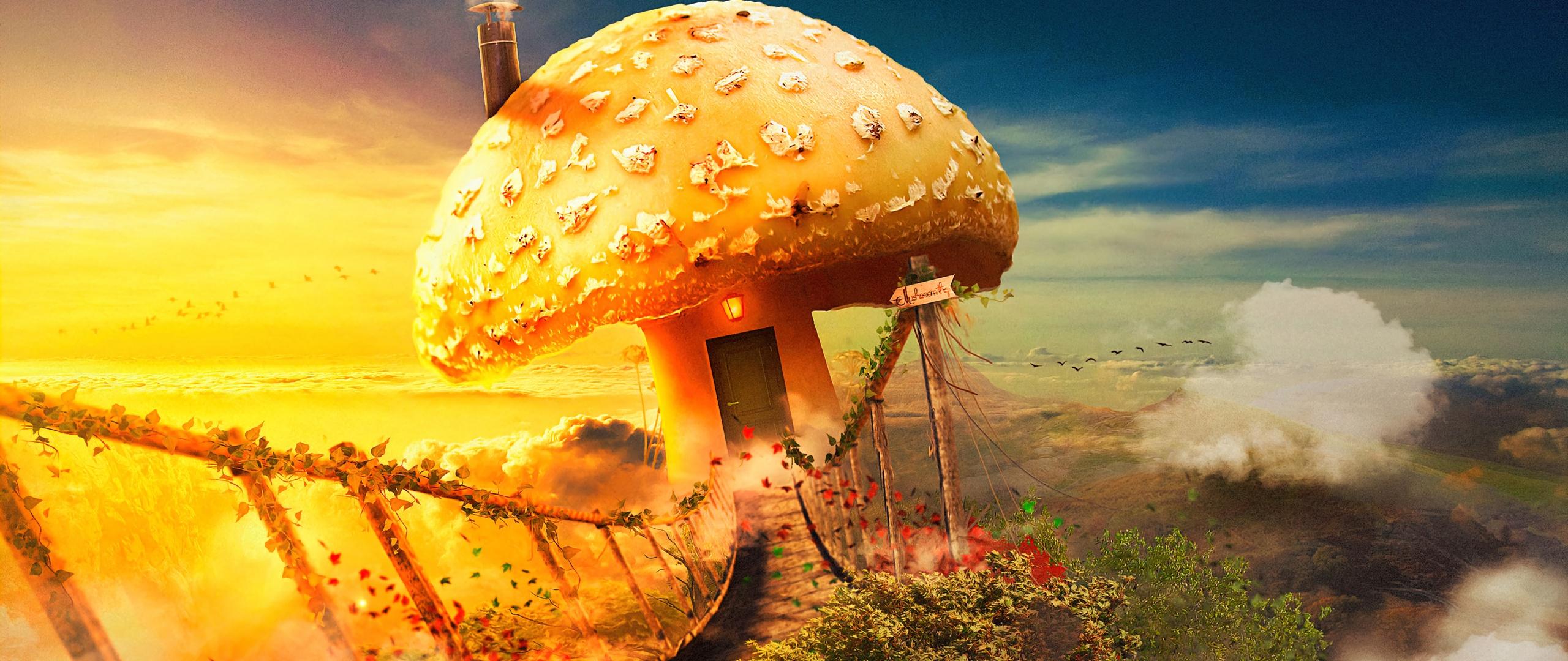 2560x1080 Mushroom house Wallpaper 4K, Surreal, Bridge, Dream, Fantasy, Clouds, Graphics CGI