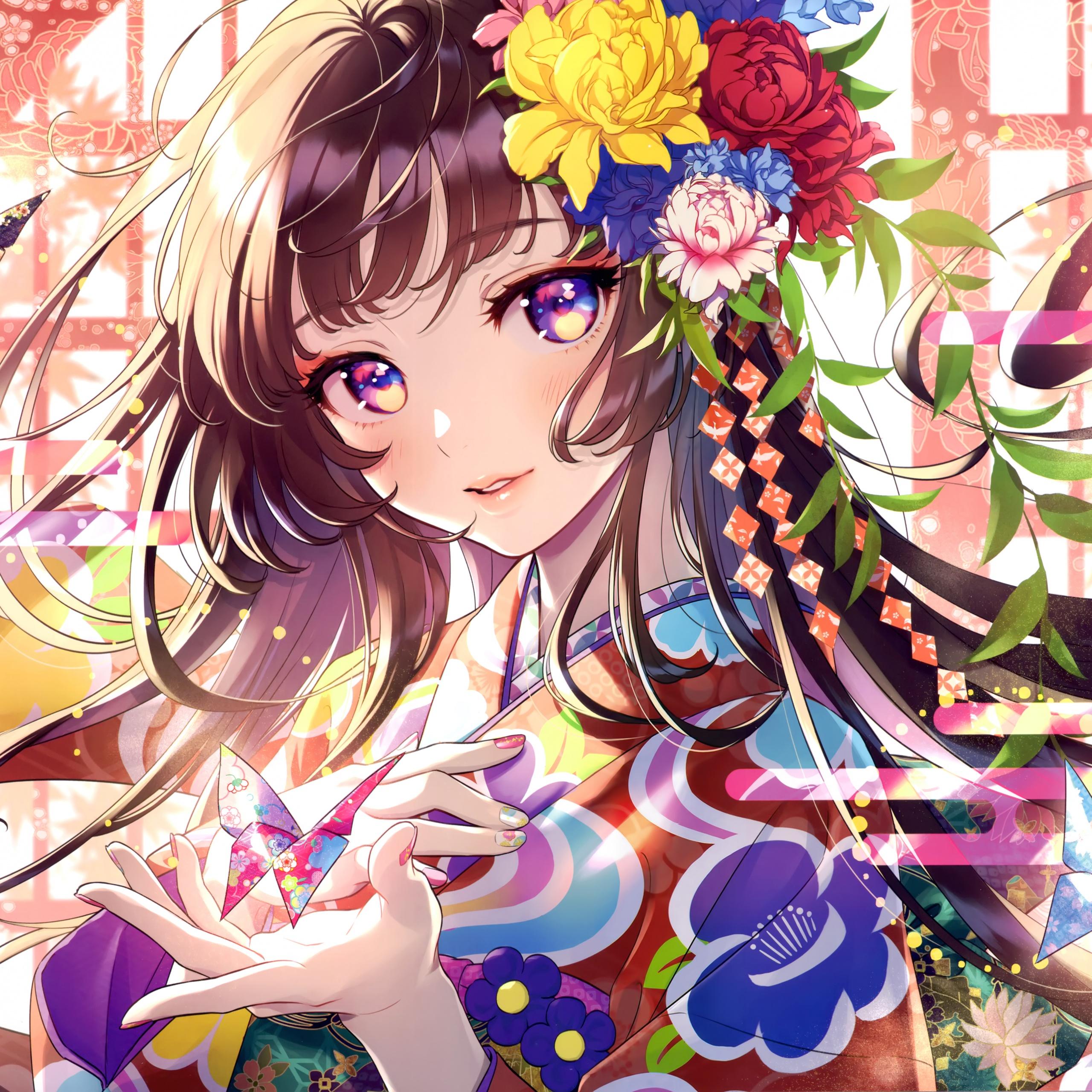 2560x2560 Anime girl Wallpaper 4K, Floral, Colorful, Girly, Magical, 5K, Fantasy