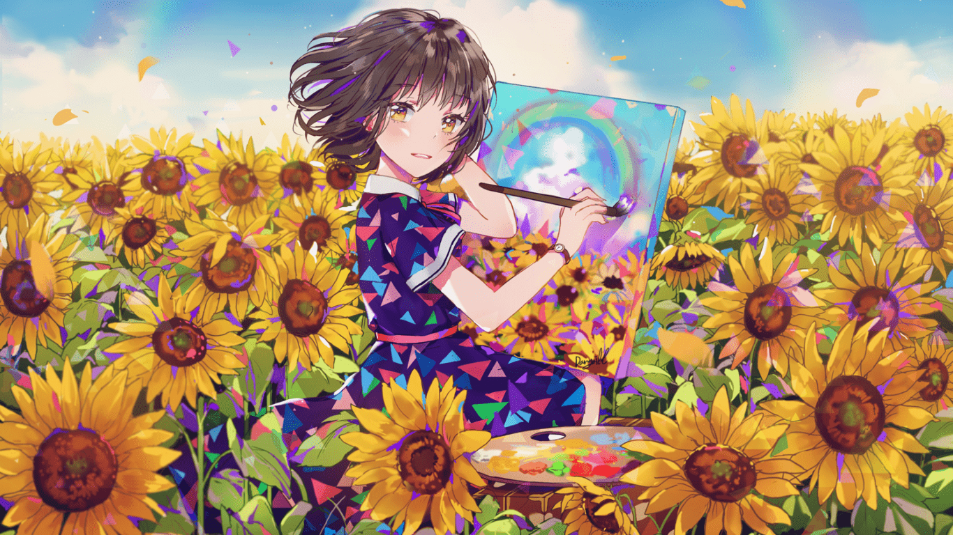 1366x768 Download 1366x768 Anime Girl, Painting, Sunflowers, Field, Windy, Leaves, Short Hair, Dress Wallpaper for Laptop, Notebook