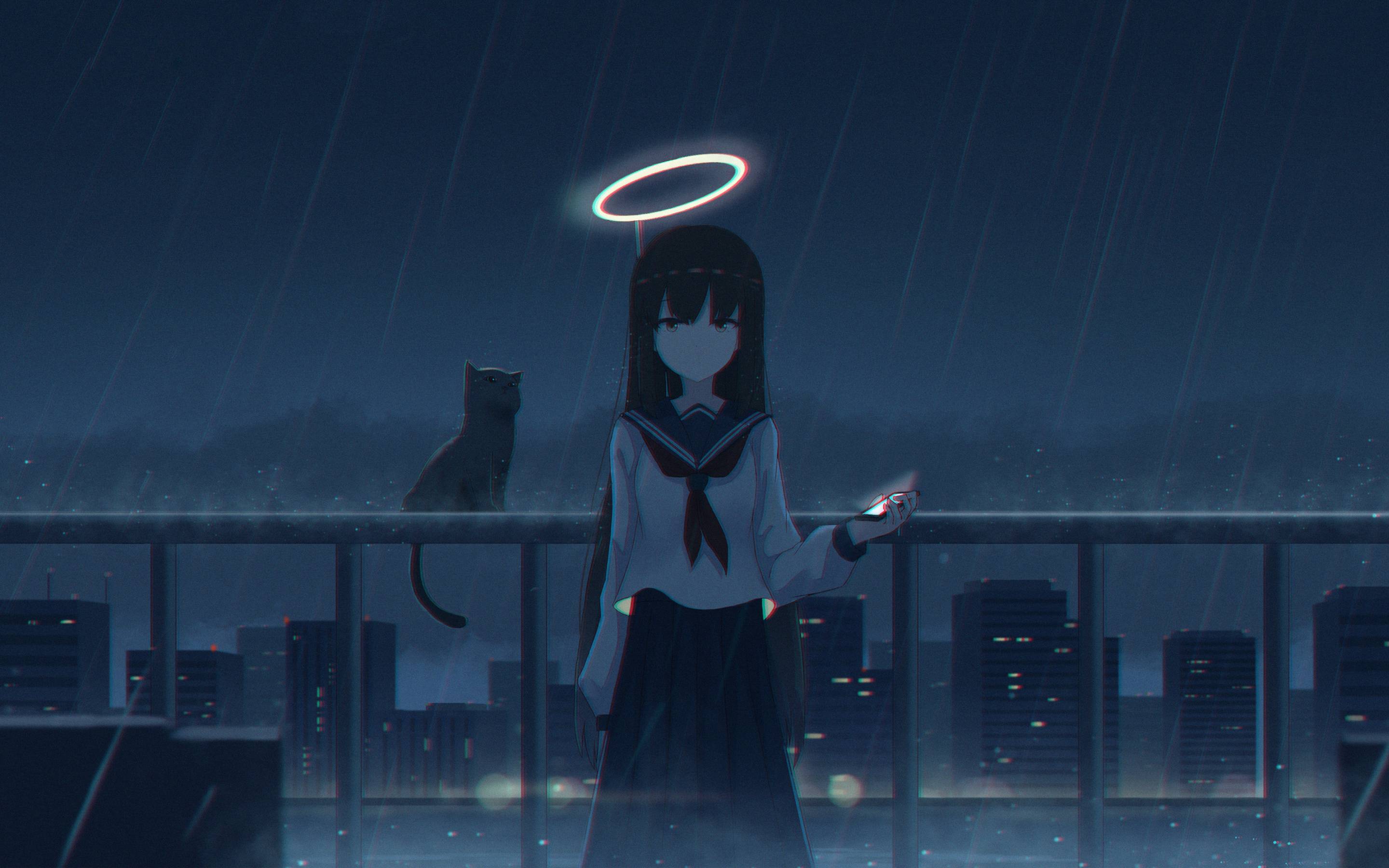 2880x1800 4K Girl in the Rain with Cat Macbook Pro Retina Wallpaper, HD Anime 4K Wallpaper, Image, Photo and Background