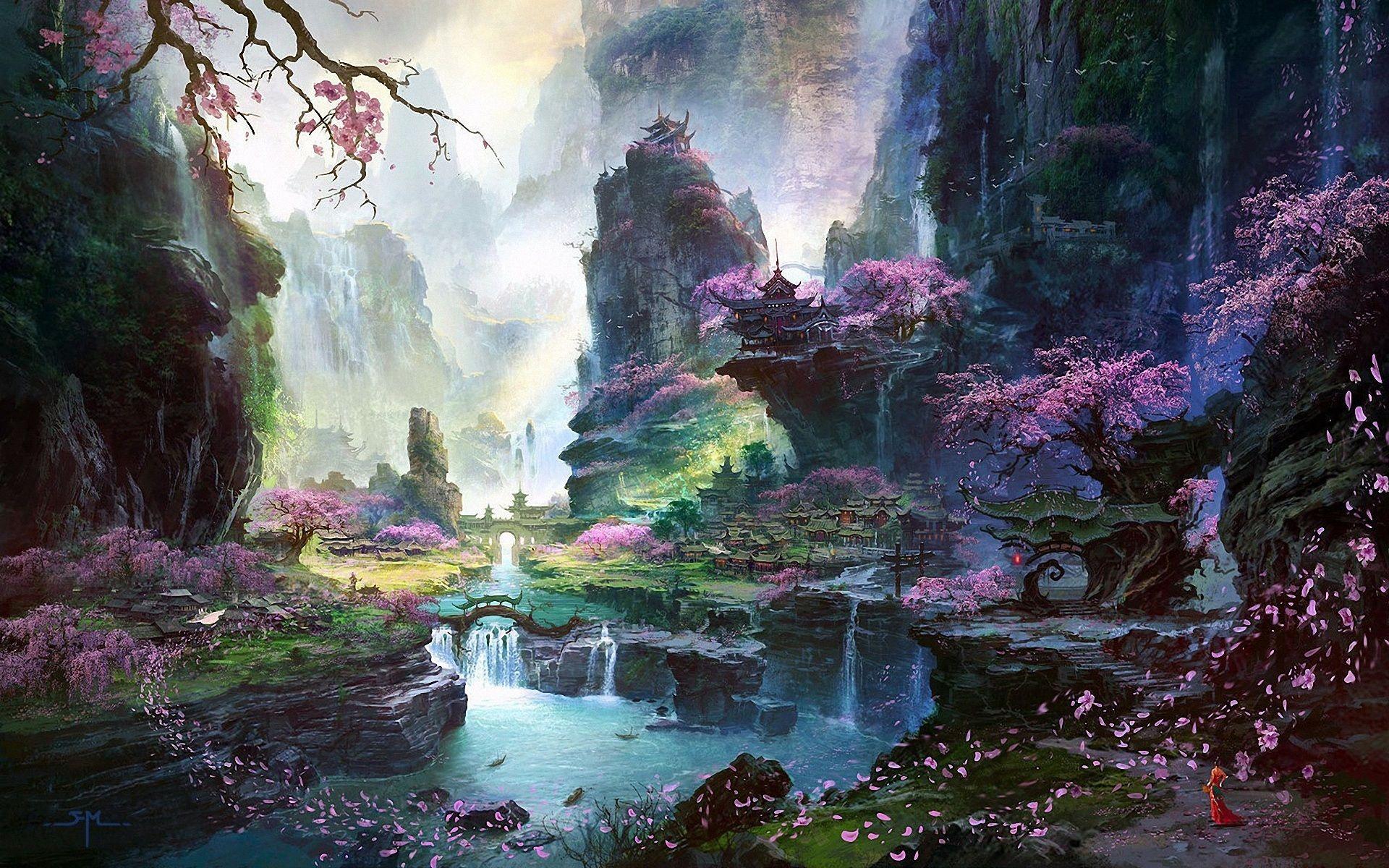 1920x1200 Fantastic world painting, Oriental spring landscapes wallpaper. art