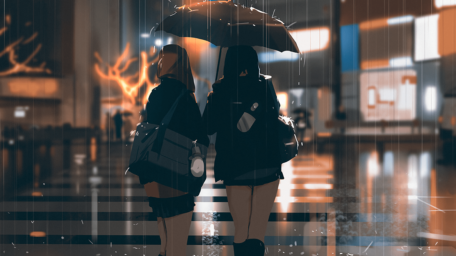 1920x1080 #cat girl, #rain, #digital art, #road wallpaper. Mocah HD Wallpaper