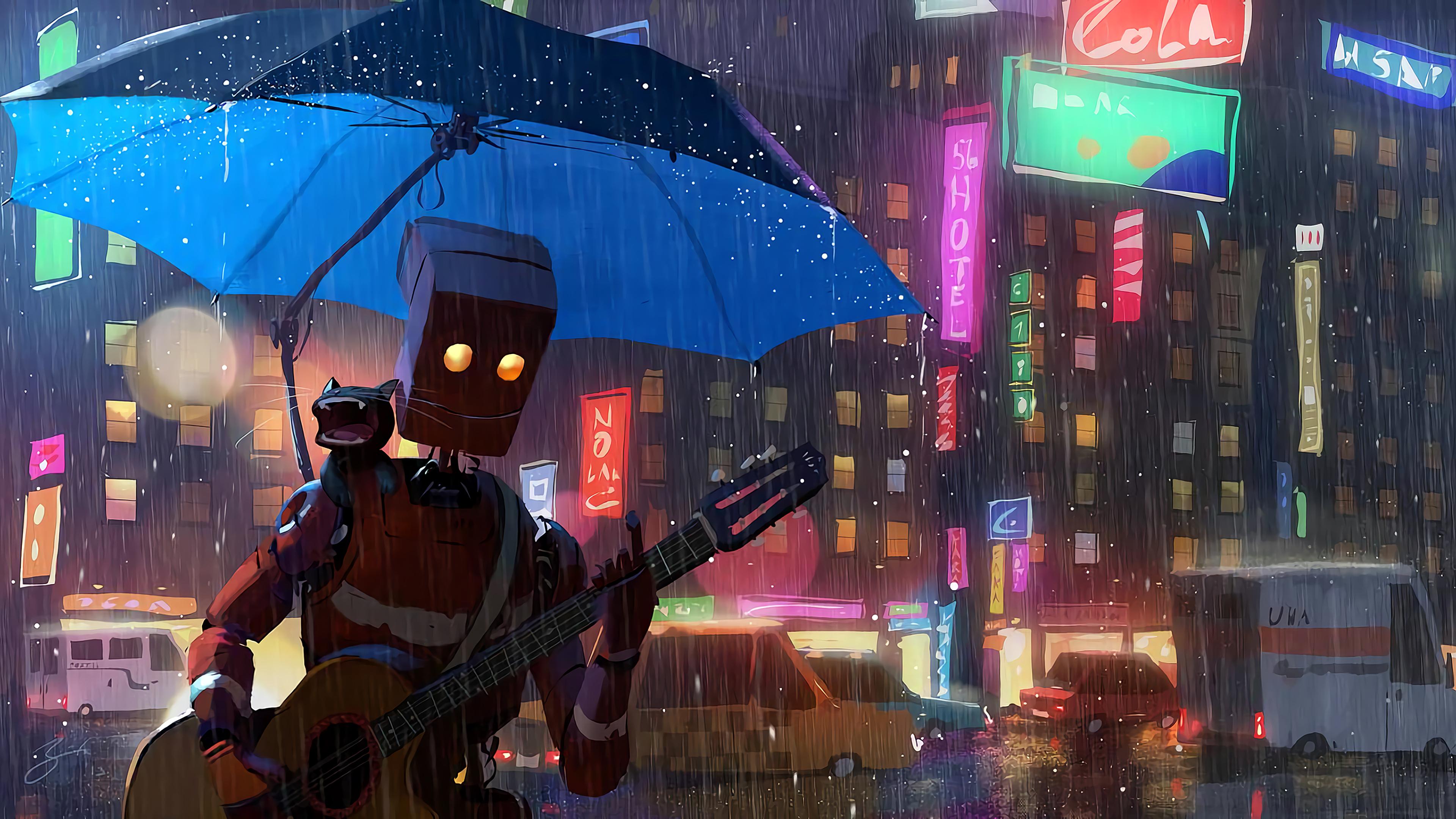 3840x2160 Robot Cat Guitar Umbrella Rain 4k, HD Artist, 4k Wallpaper, Image, Background, Photo and Picture
