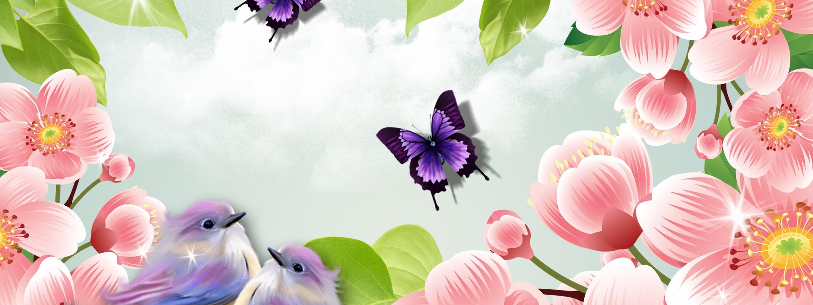 3200x1200 Two sweet birds and two butterflies between pink flowers