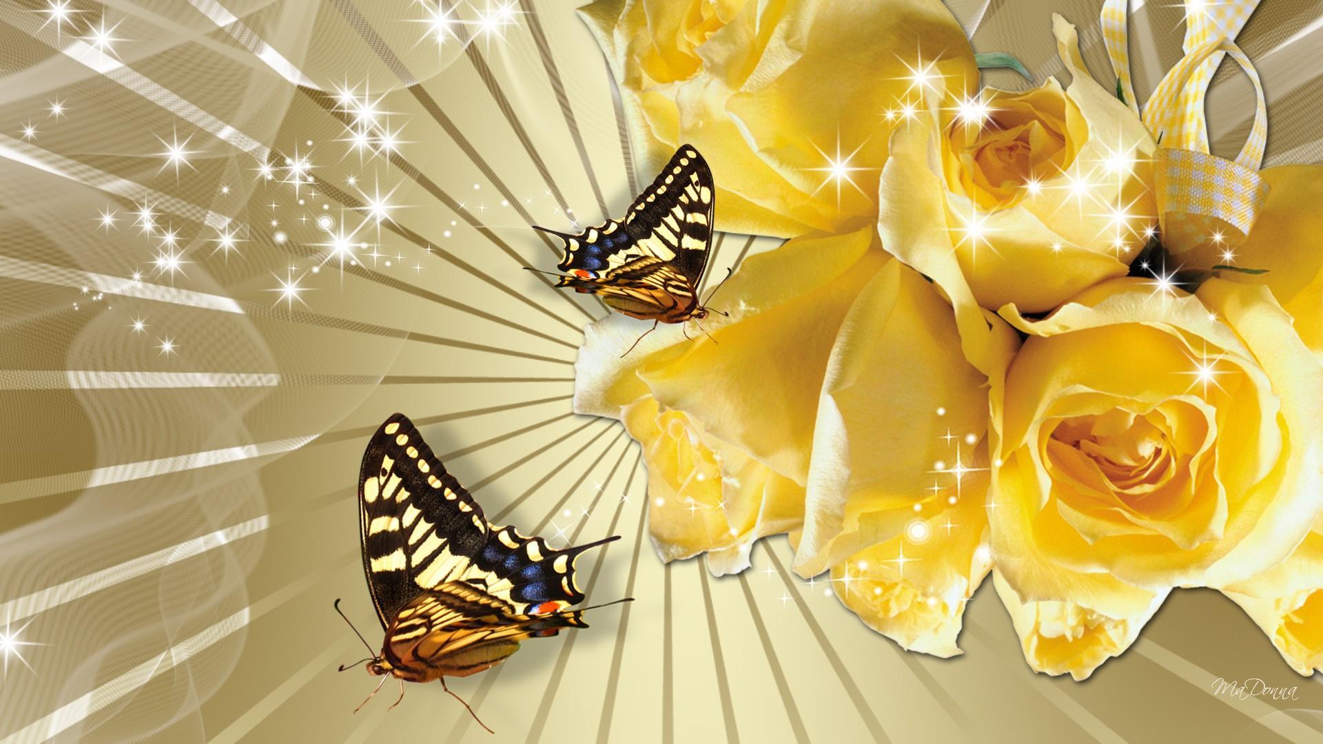 1920x1080 Yellow Roses With Butterflies