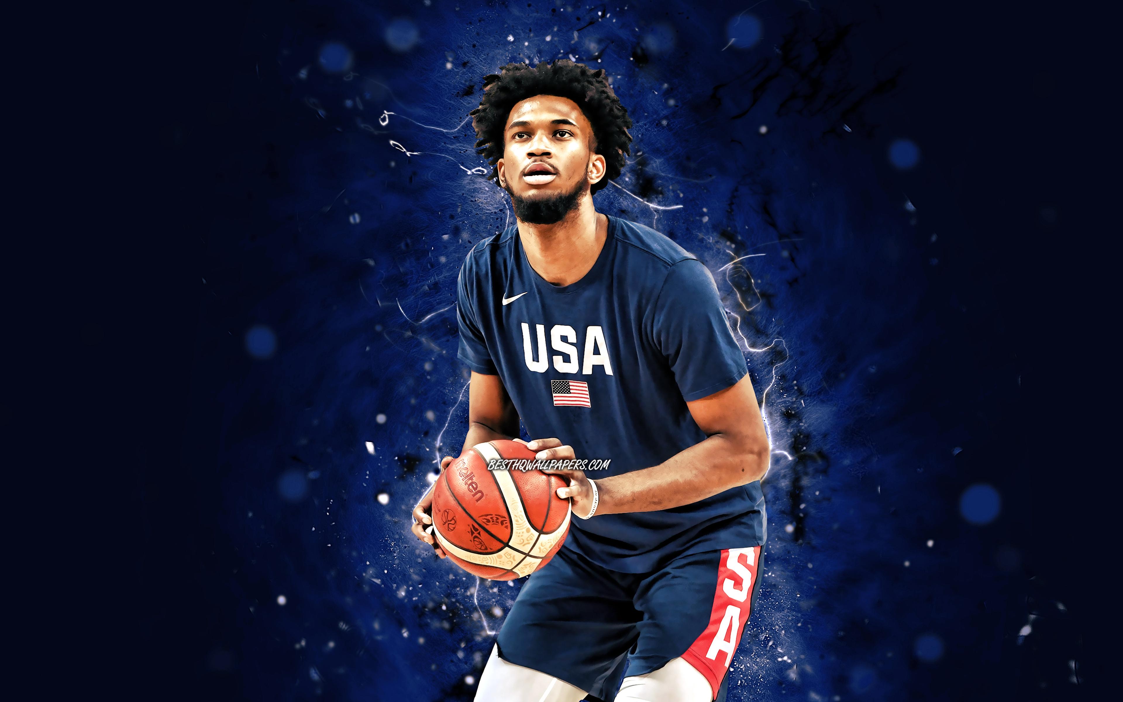 3840x2400 Download wallpaper Marvin Bagley, 4k, USA Basketball Mens National Team, blue neon lights, Marvin Bagley III, basketball, US mens national basketball team, creative, Marvin Bagley 4K for desktop with resolution 3840x2400. High