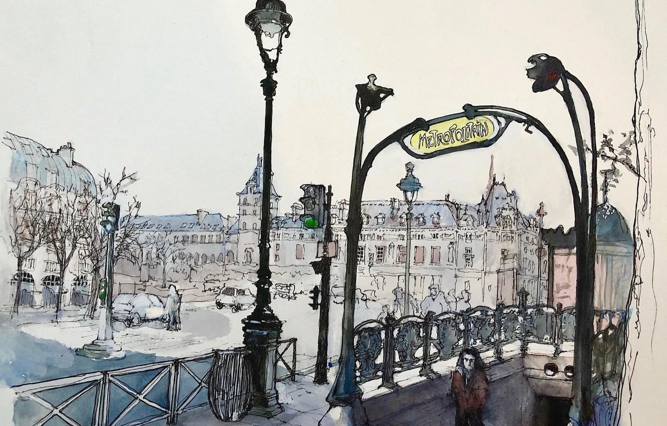 1332x850 Wallpaper Metro, Figure, Paris, Watercolor, The Urban Landscape, Boulevard Saint Michel Image For Desktop, Section арт