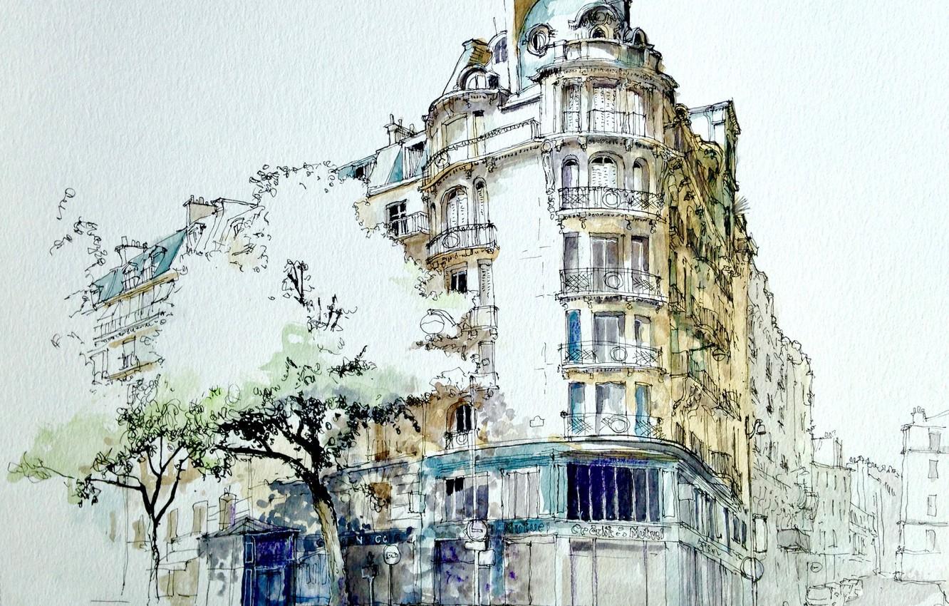 1332x850 Wallpaper the city, house, street, figure, Paris, watercolor image for desktop, section живопись