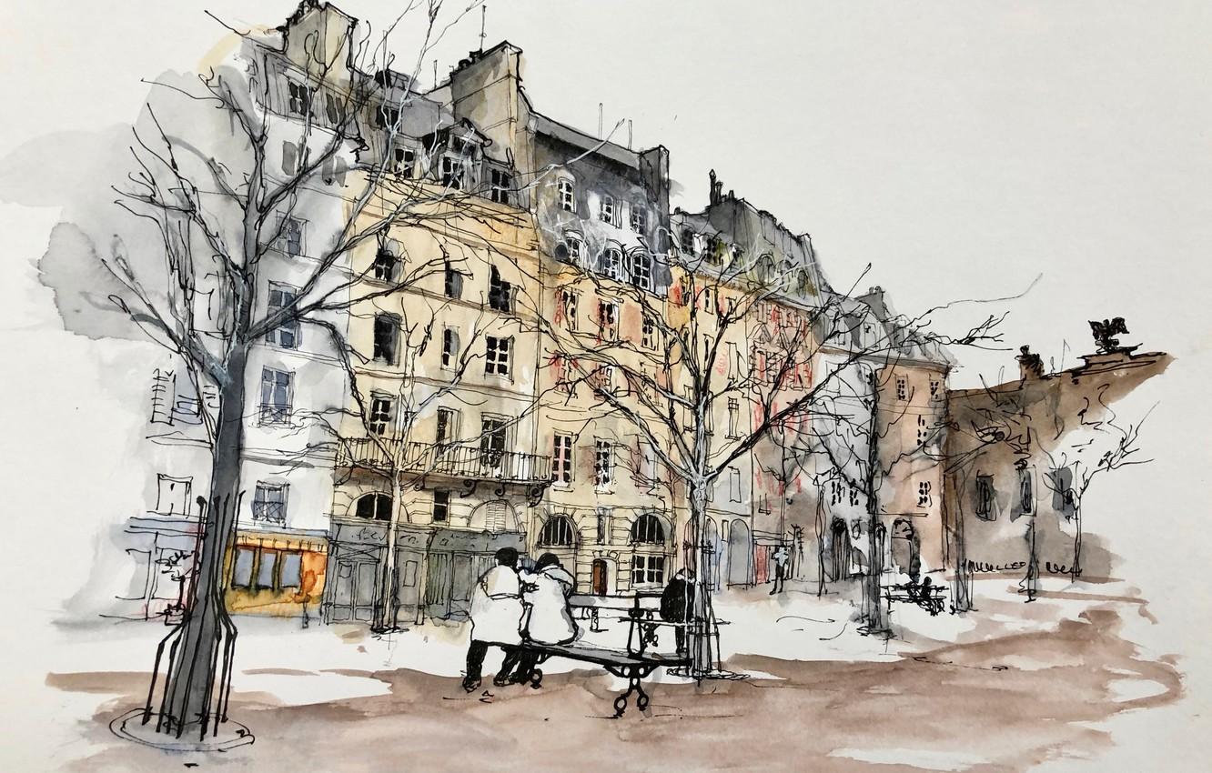 1332x850 Wallpaper figure, Paris, watercolor, square, the urban landscape image for desktop, section арт