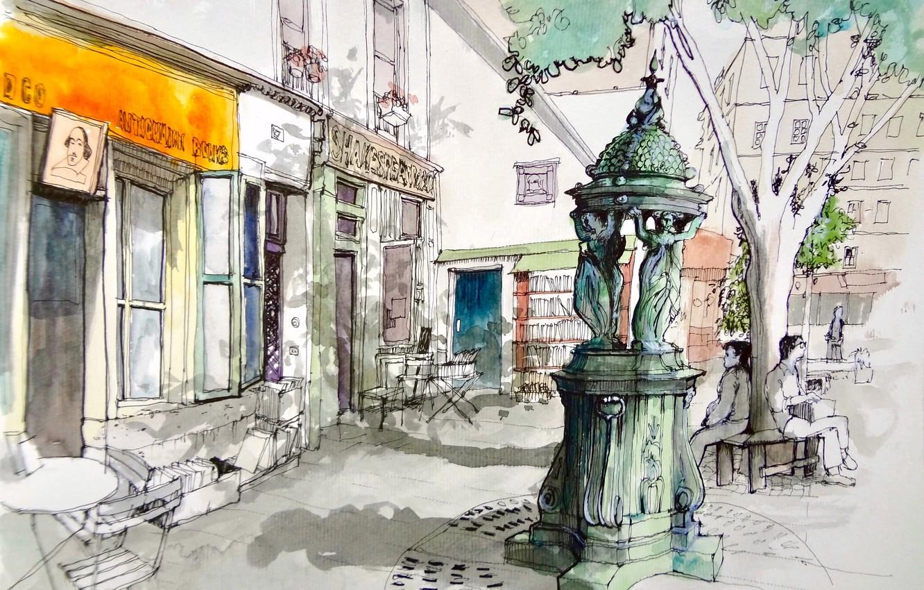 1332x850 Wallpaper the city, figure, Paris, watercolor, fountain Wallace image for desktop, section живопись