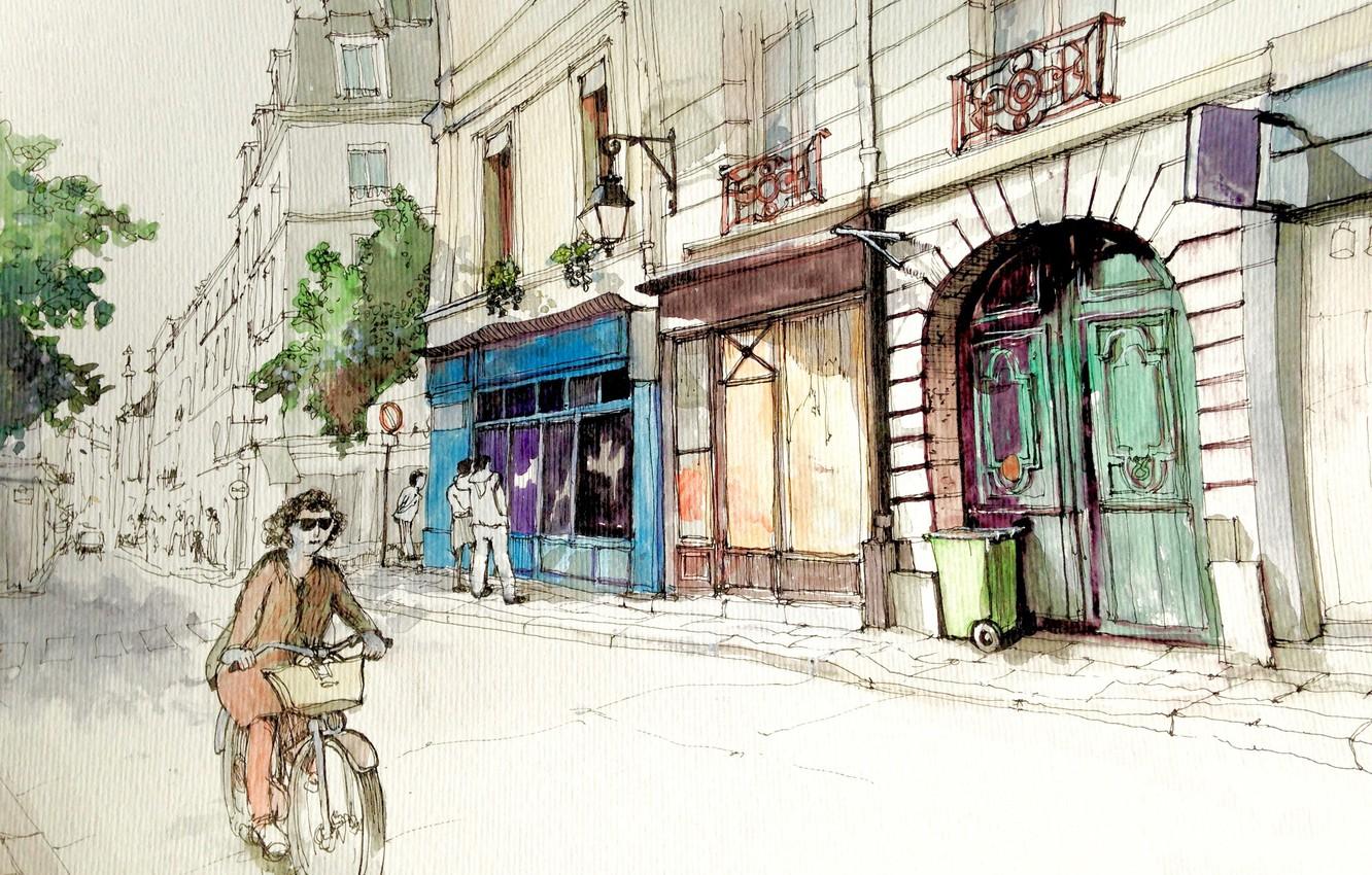1332x850 Wallpaper street, figure, France, Paris, home, watercolor image for desktop, section живопись