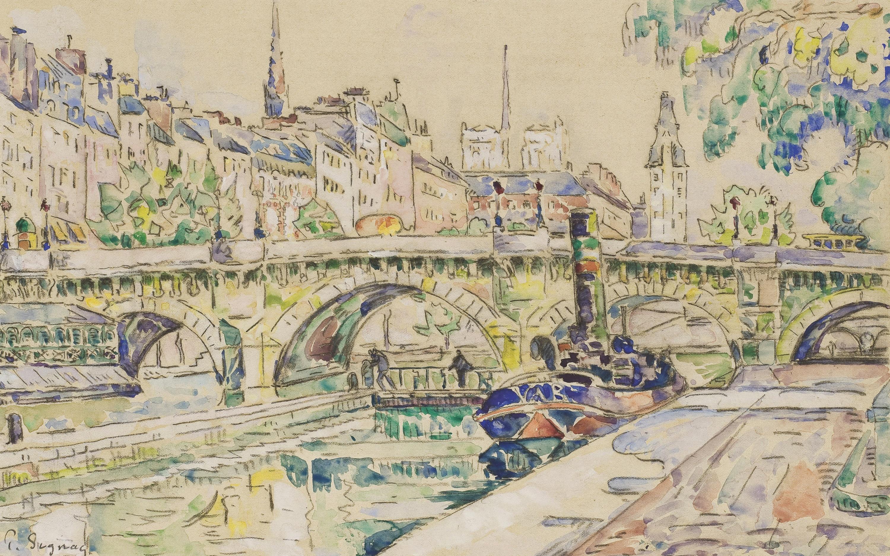 3000x1876 Boat Bridge Canal City Painting Paris Watercolor Wallpaper:3000x1876