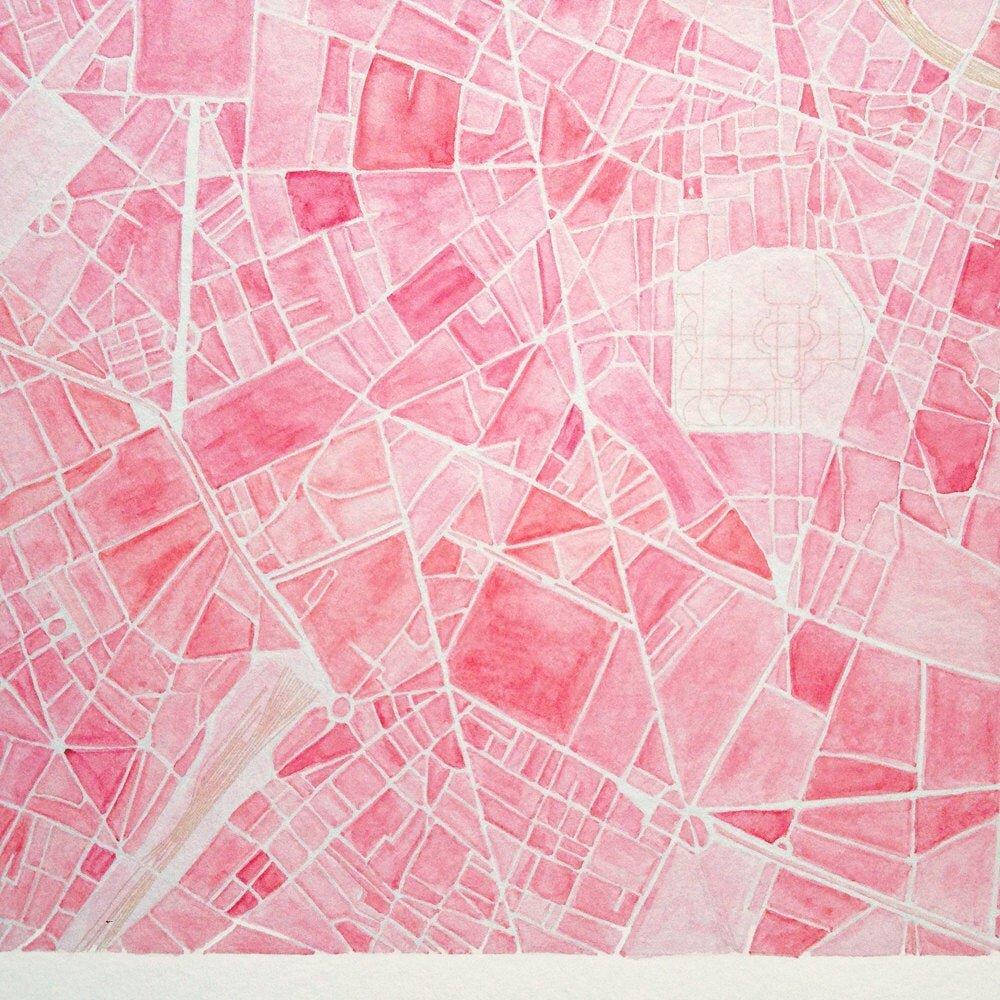 1000x1000 PARIS Watercolor City Blocks Map: ORIGINAL PAINTING (Commission)
