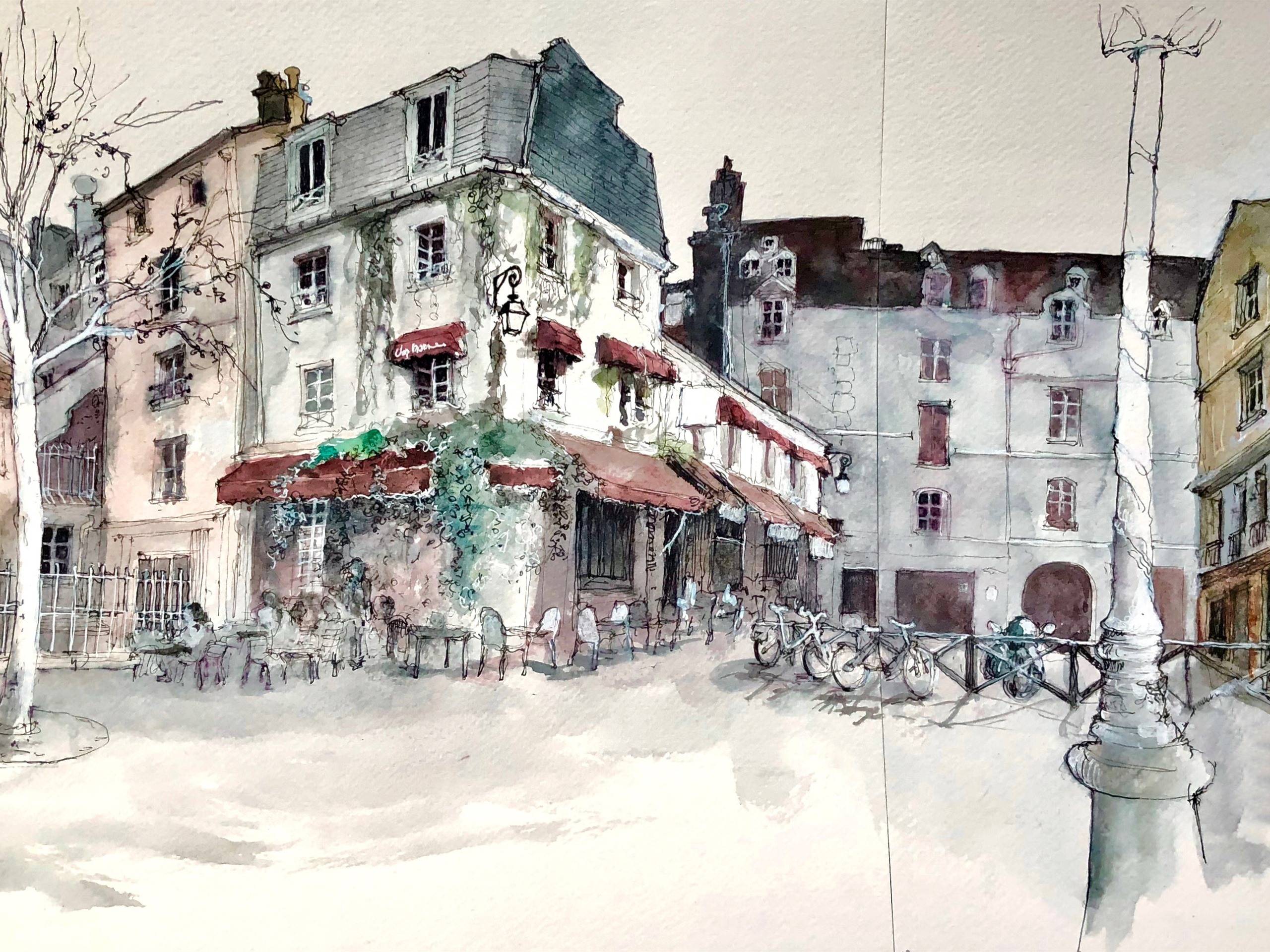 2560x1920 Wallpaper Watercolor painting, city, houses, trees 3840x1200 Multi Monitor Panorama Picture, Image
