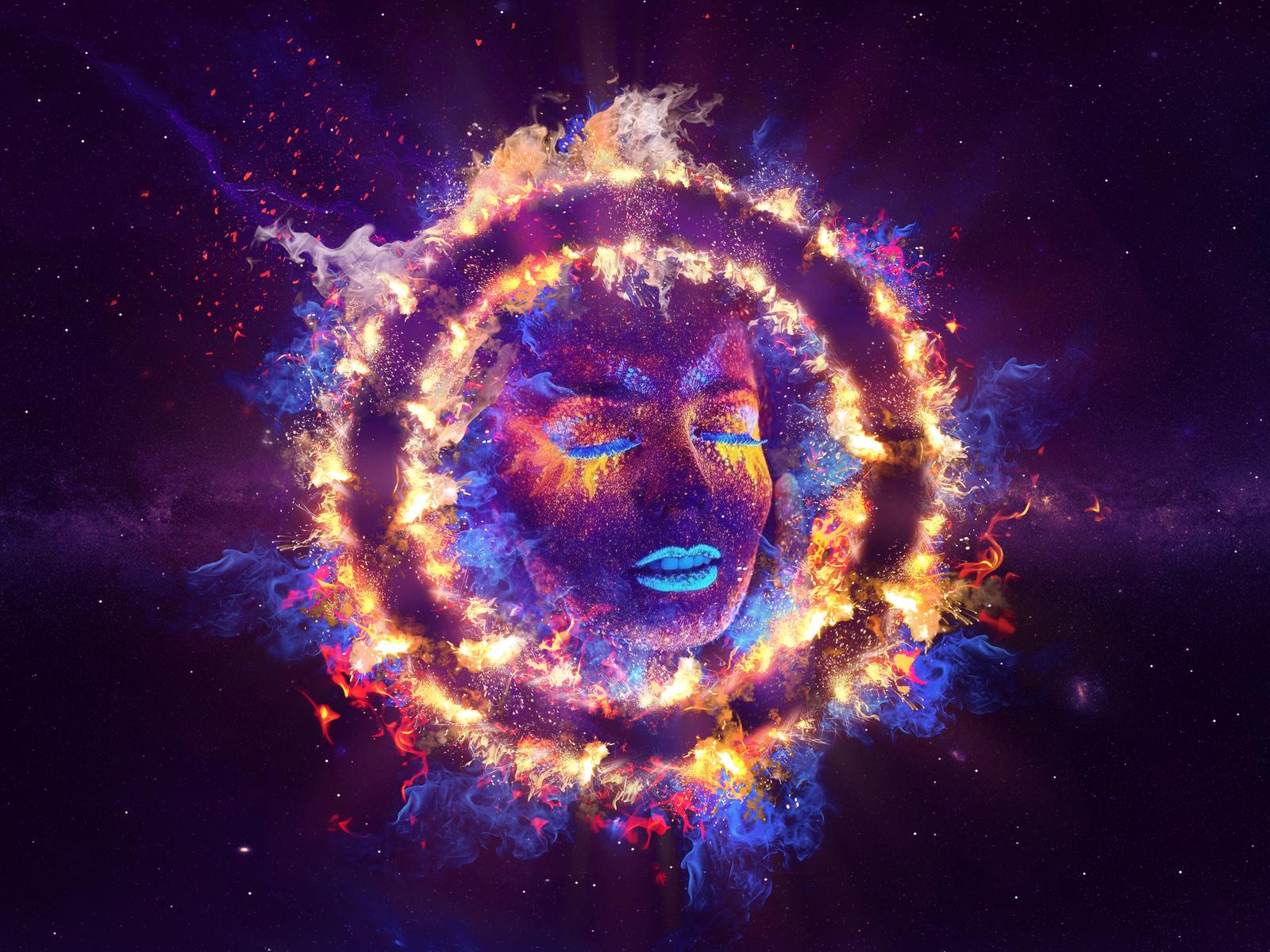 1600x1200 Women Closed Eyes Fire Neon Galaxy Art 5k 1600x1200 Resolution HD 4k Wallpaper, Image, Background, Photo and Picture
