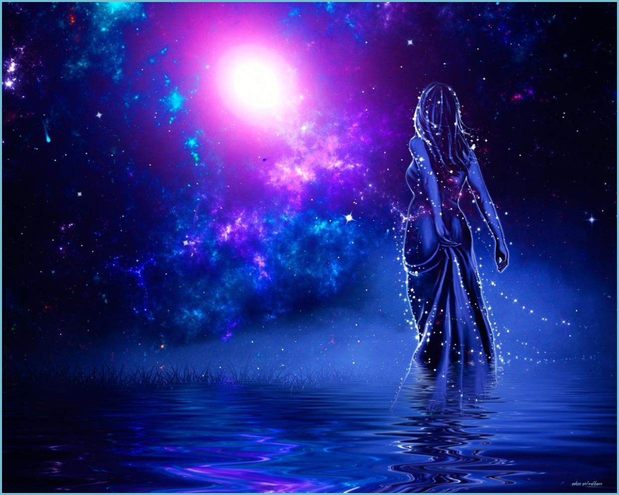 1241x993 Wallpaper Girl Back View, Shine, Water, Stars, Galaxy, Art Picture Girl Wallpaper