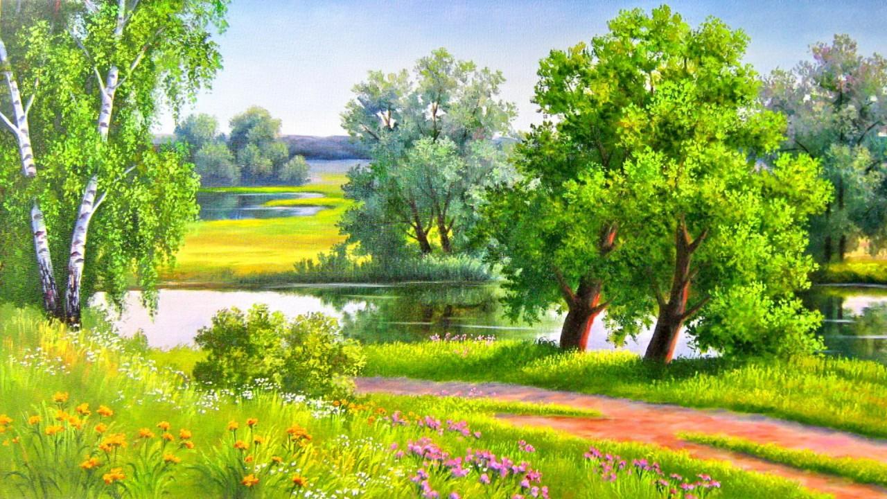 1280x720 Bright Trees Pond Flowers Path wallpaper. Bright Trees Pond Flowers Path
