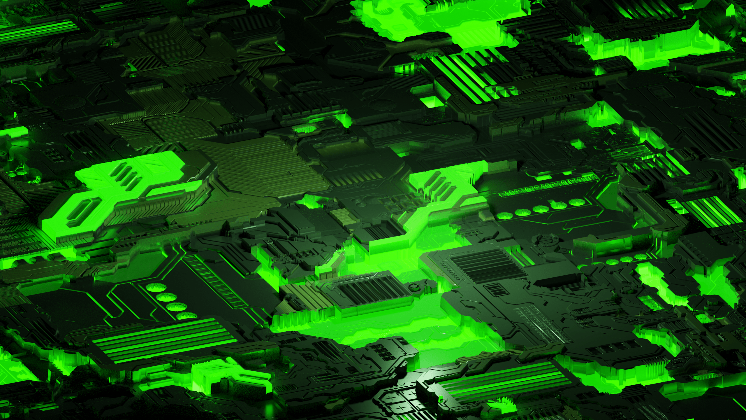 2560x1440 green, motherboards, abstract, cyber, 3D graphics, digital, circuit, technology, 3D Abstract. Mocah HD Wallpaper
