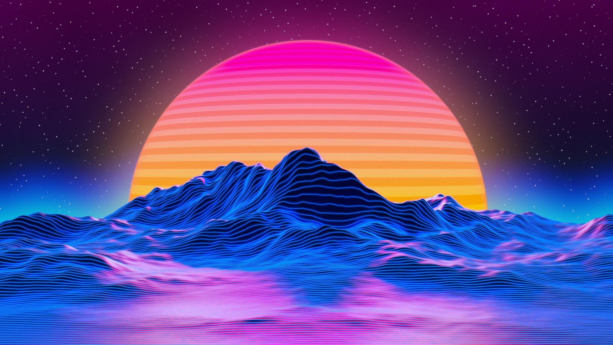 2048x1152 Download 2048x1152 wallpaper mountains, landscape, retro art, big sun, sunset, dual wide, widescreen, 2048x1152 HD image, background, 22155