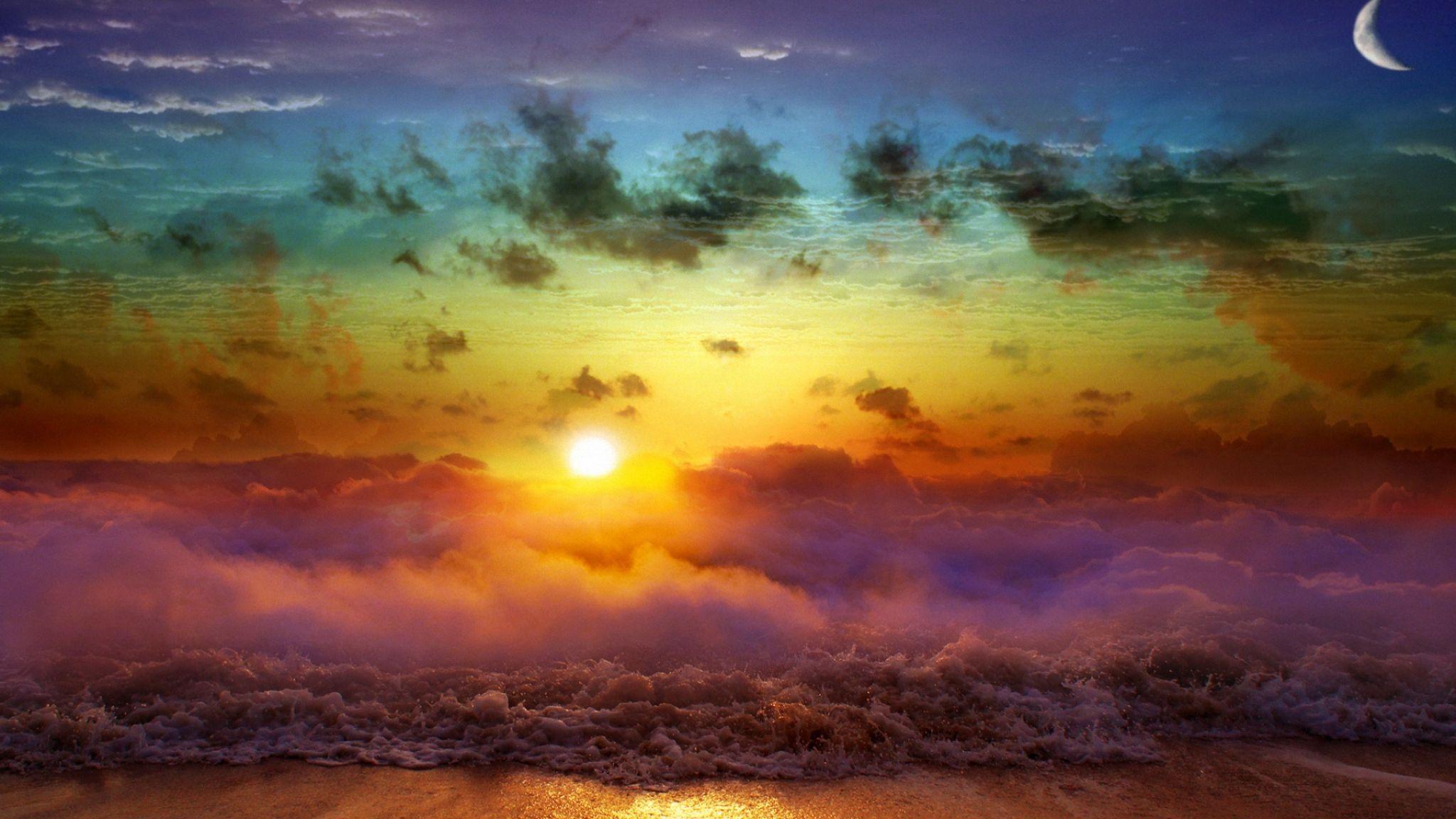 2048x1152 Download Wallpaper 2048x1152 Moon, Sun, Decline, Evening, Merge