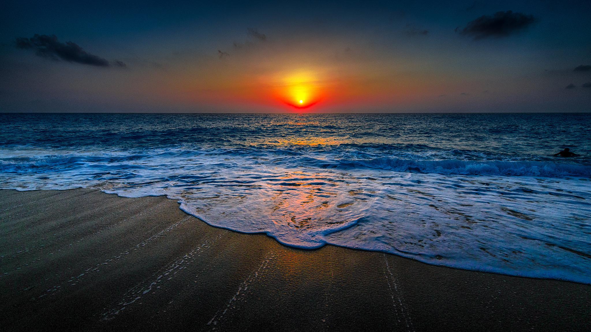 2048x1152 Beach Earth Horizon Ocean Sea Sun Sunset Orange Color Wallpaper:2048x1152