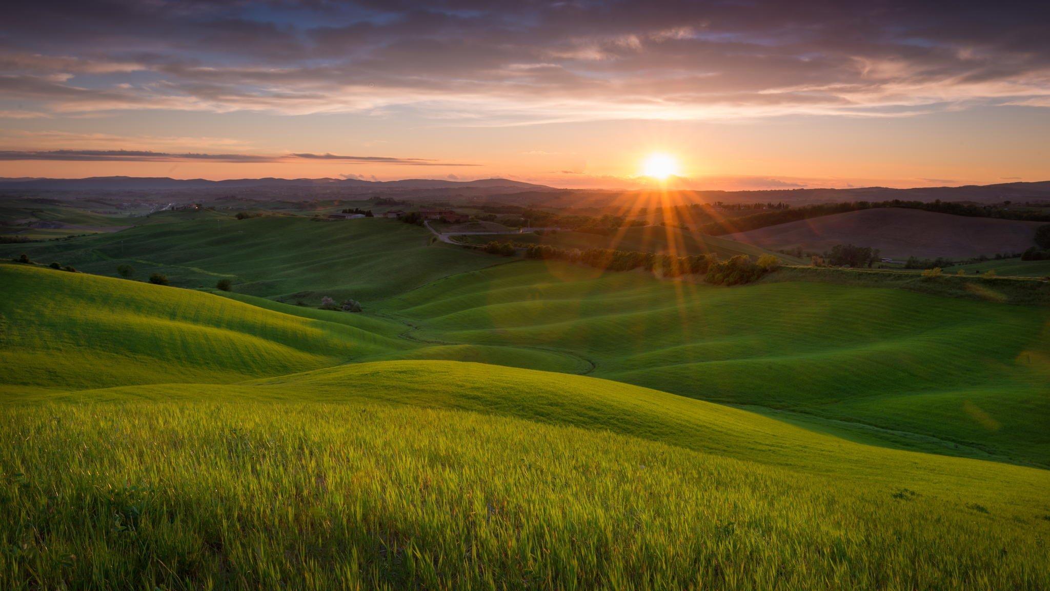 2048x1152 px field Hills Italy landscape nature sun sunset Tuscany High Quality Wallpaper, High Definition Wallpaper
