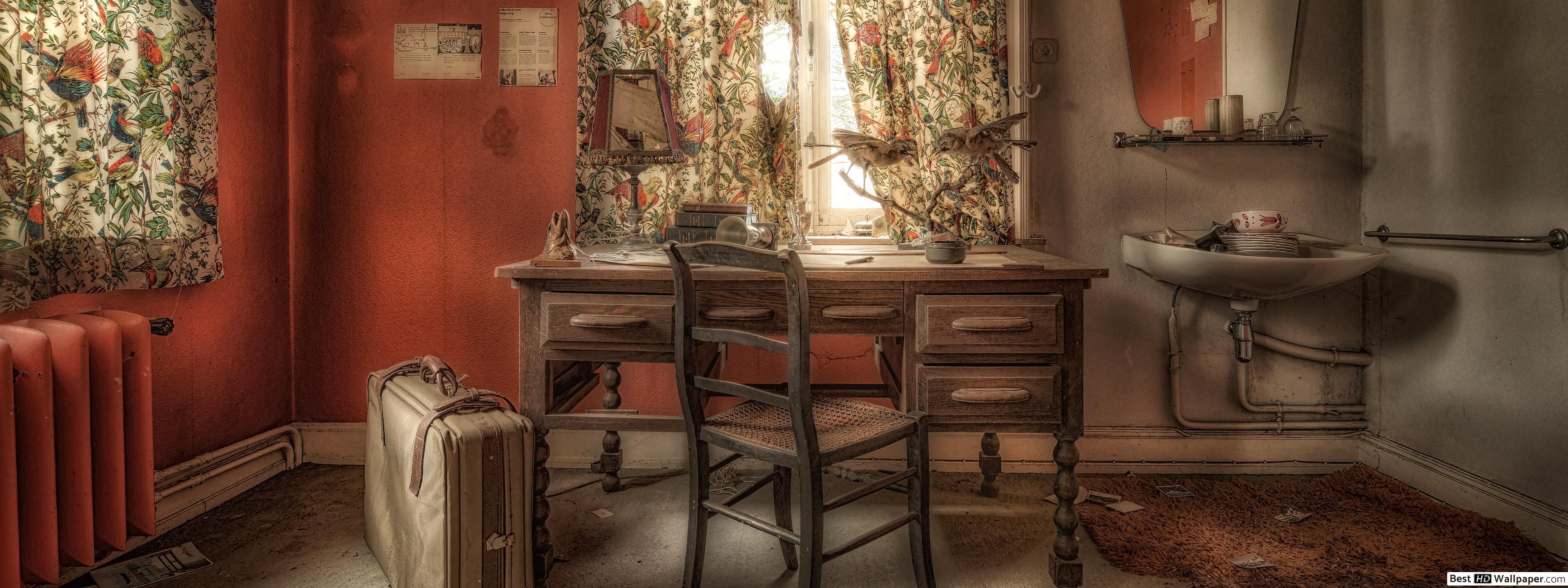 3840x1440 Vintage Room with old suitcase HD wallpaper download