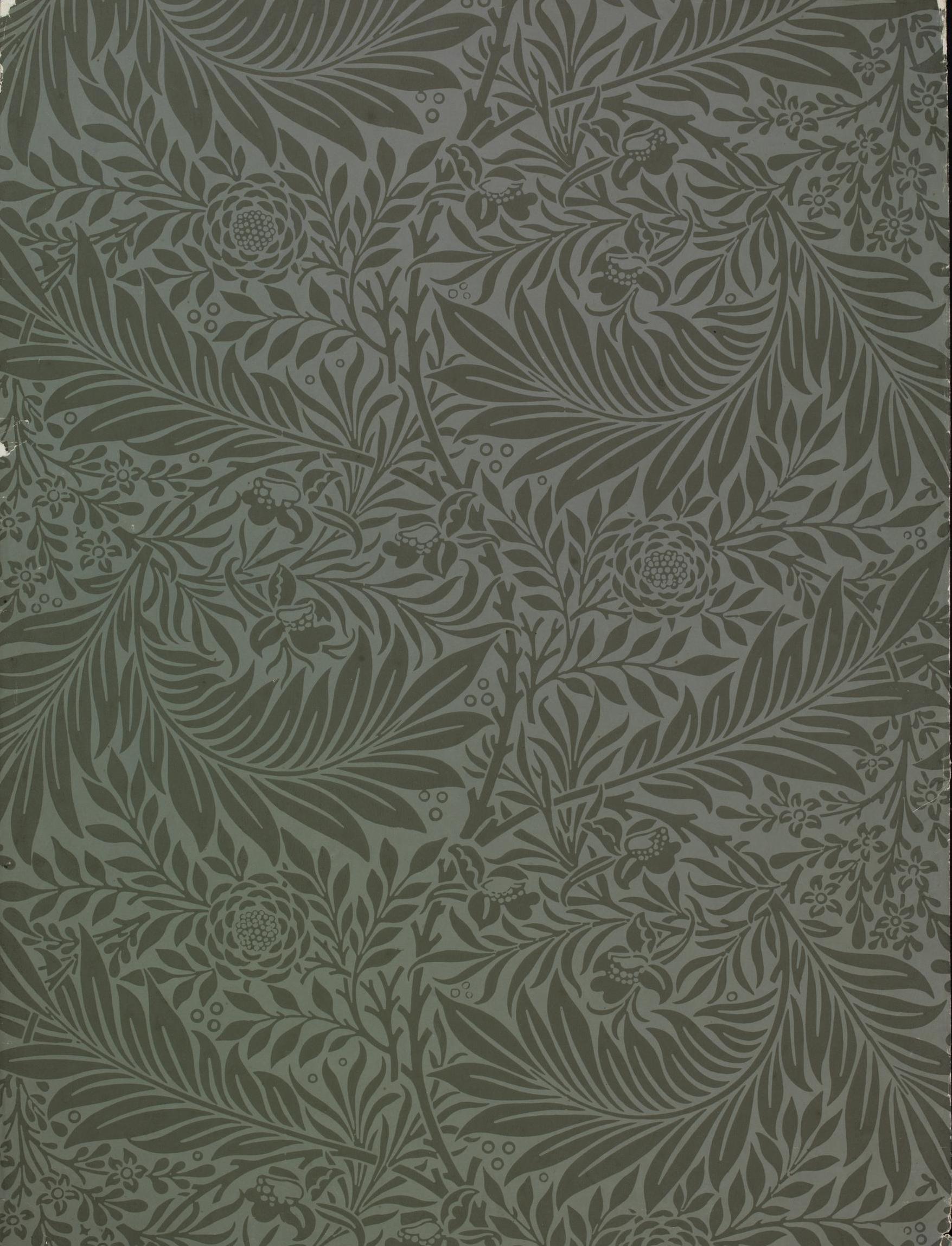 1755x2297 Every Morris 42: Larkspur, wallpaper (left) and printed textile (right). William Morris, wallpaper textile 1875. Printed: Jeffrey &amp; Co., Wardle, and Merton Abbey Image: V&amp;A