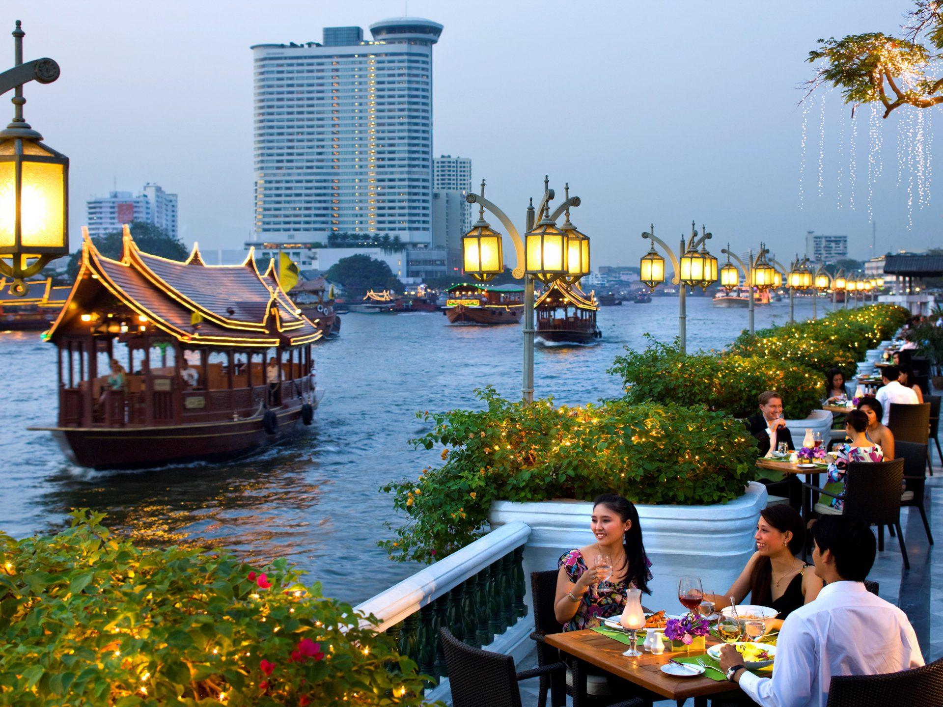 1920x1440 Oriental Bangkok City In Thailand Dinner Riverside Terrace Restaurant On The Seashore Lanterns Boats Promenade HD Desktop Wallpaper HD 3840x2400 :