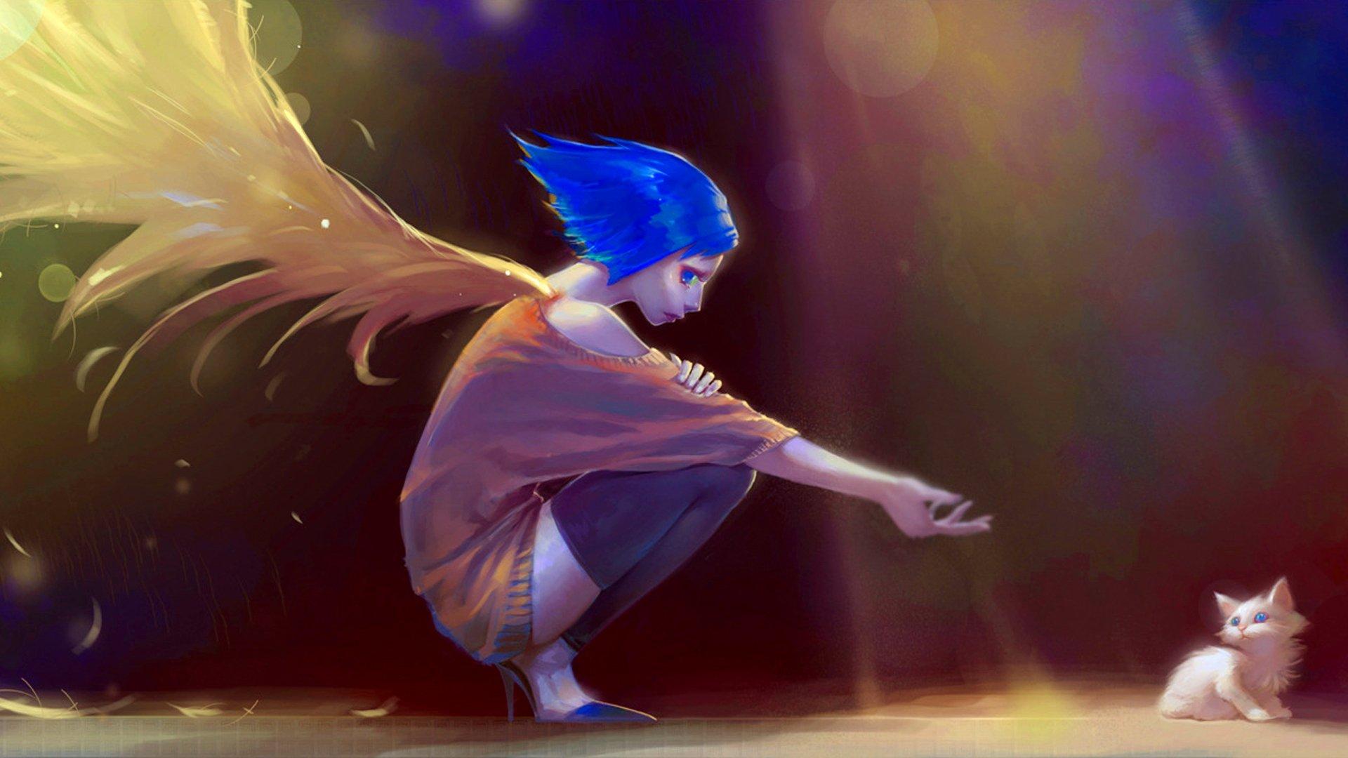 1920x1080 anime, Angel, Wings, Cat, Sadness, Rain, Dark Wallpaper HD / Desktop and Mobile Background