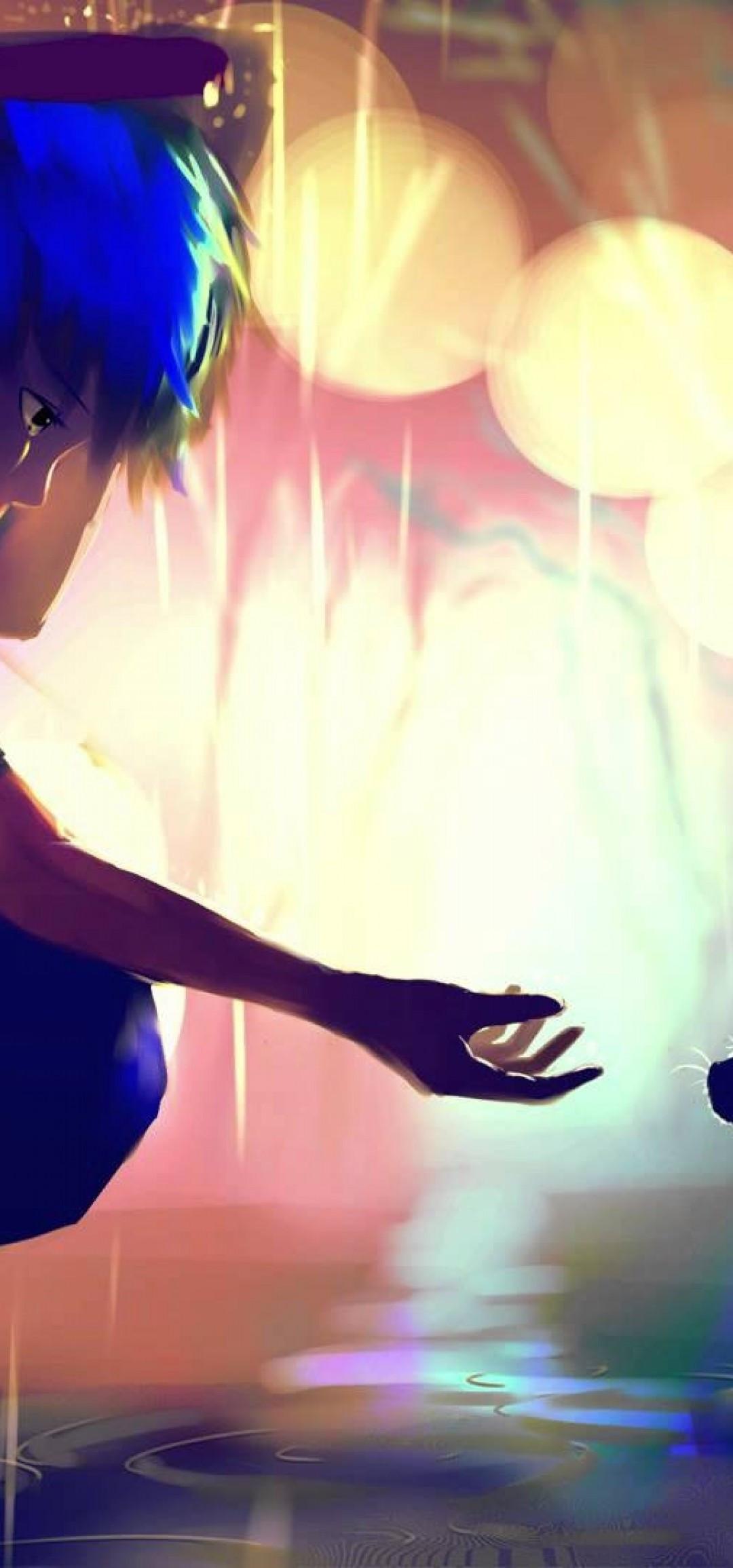 1080x2310 Download 1080x2310 Anime Boy, Raining, Sad Expression, Cat, Profile View Wallpaper for Honor View 20