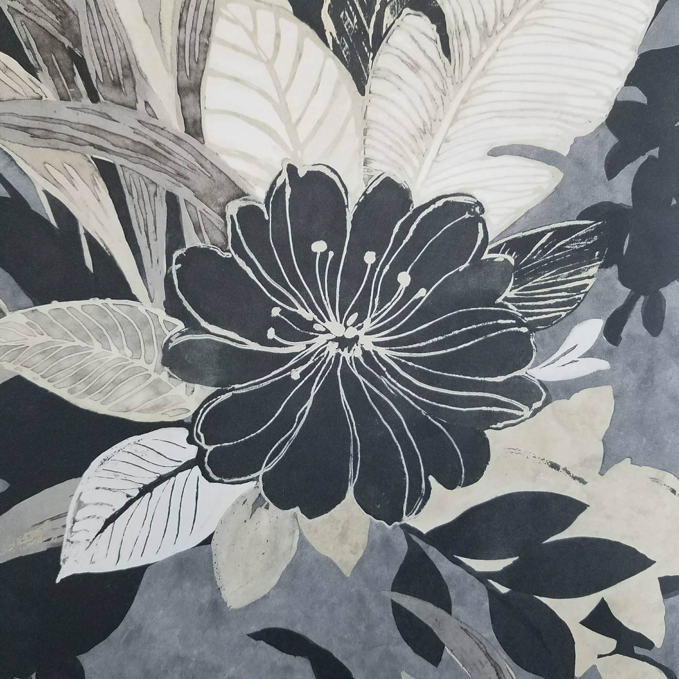 1400x1400 Maya Tropical Black and Gold Floral Wallpaper