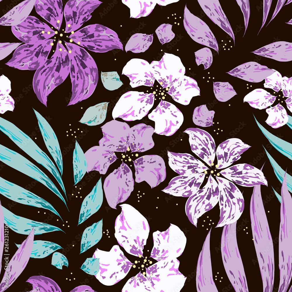1000x1000 Beautiful tropical floral vector seamless pattern. Purple and white flowers with leaves on black background. Template for textile, wallpaper, print, web, carton, banner, ceramic tile. Stock Vector