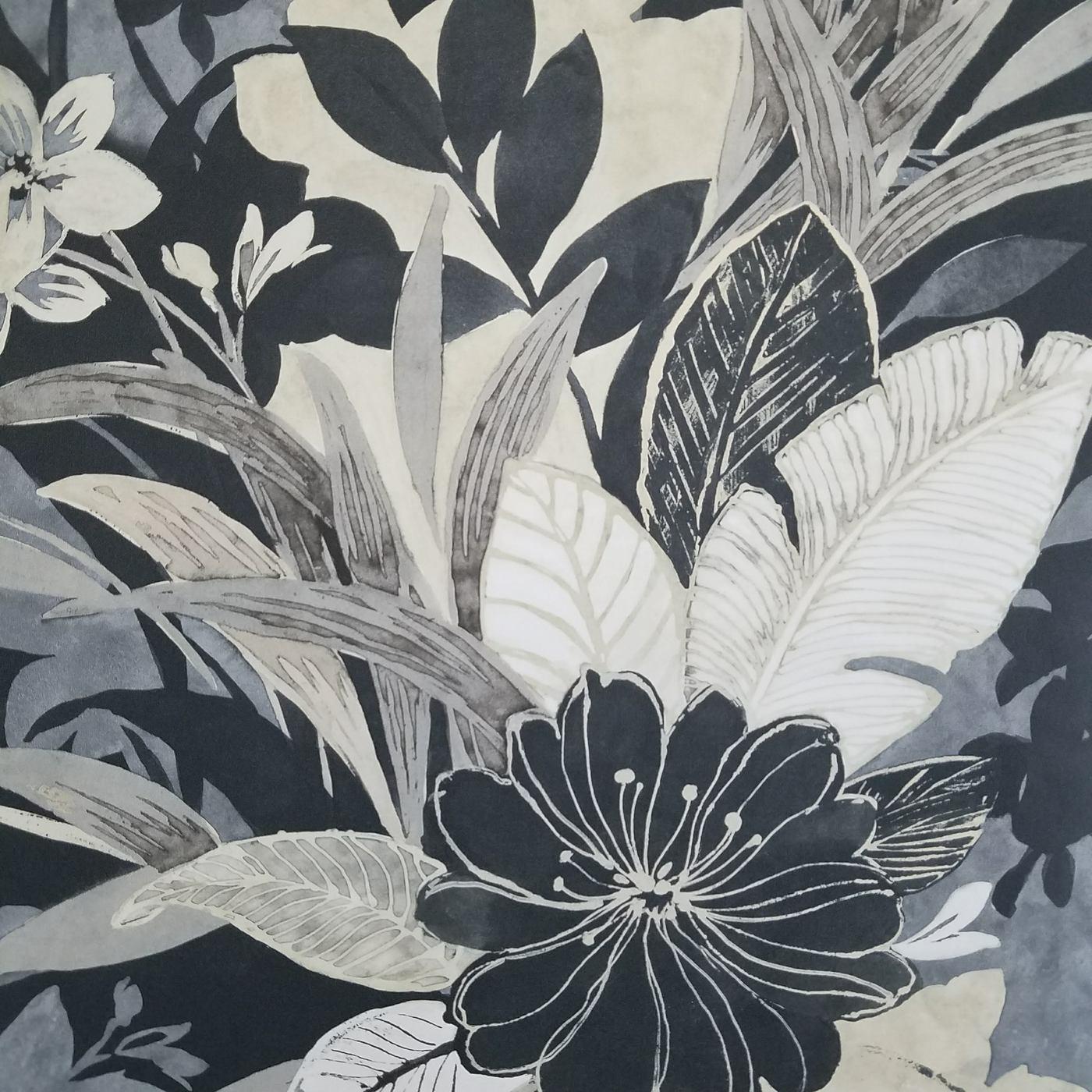 1400x1400 Maya Tropical Black and Gold Floral Wallpaper