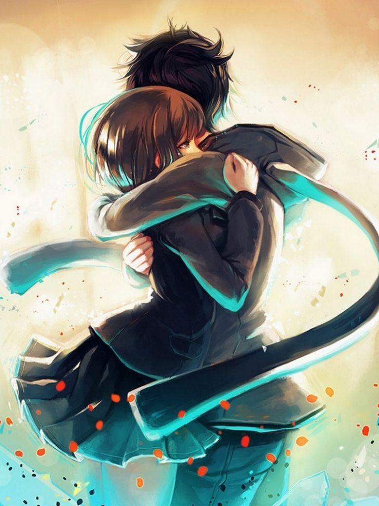 768x1024 Anime Couple Sad Hug Wallpaper