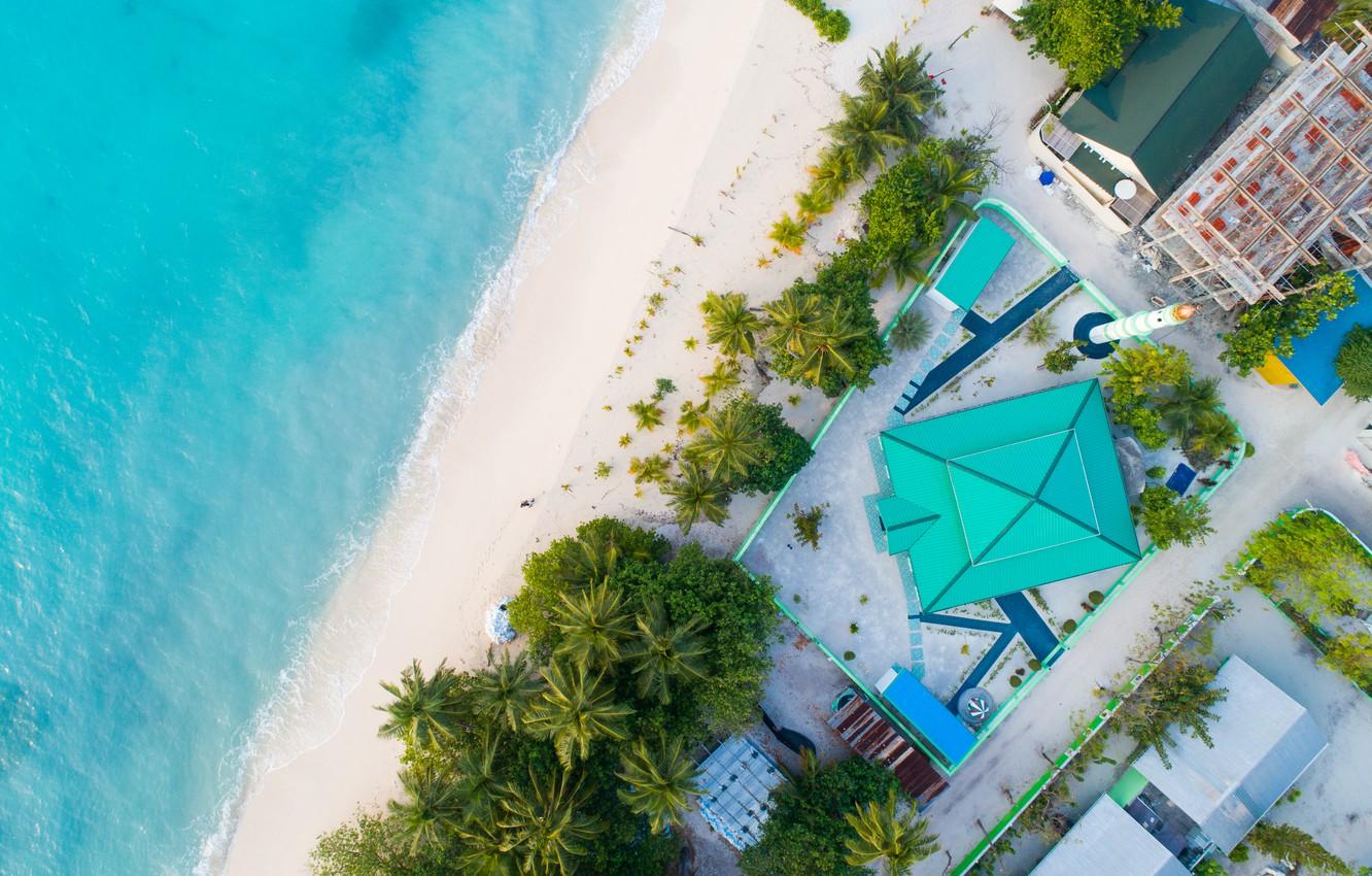 1332x850 Wallpaper beach, people, houses, white sand, drone image for desktop, section разное