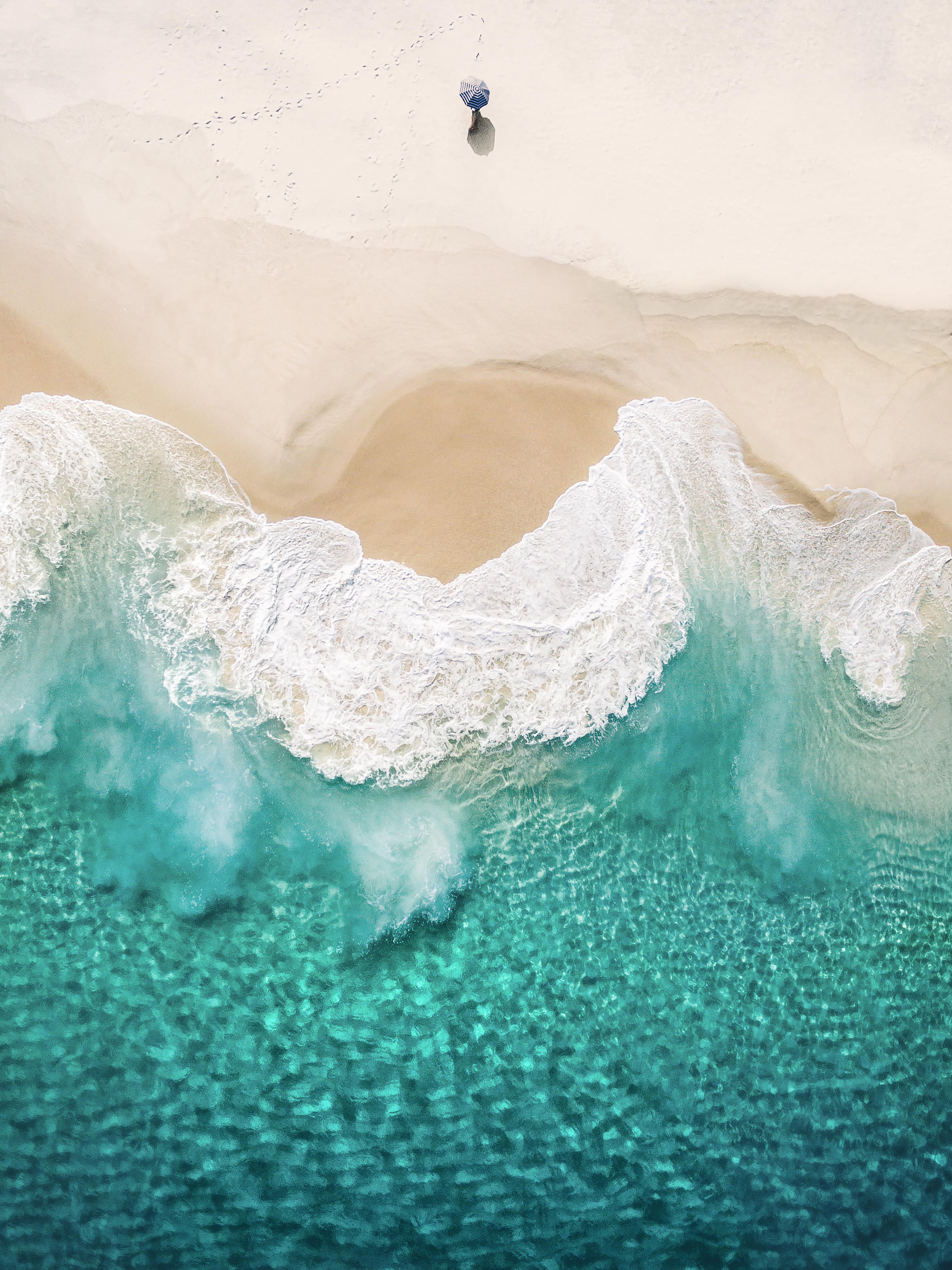 4096x5464 Apple Inc IOS Ipod IPad IPhone Beach Umbrella Waves Top View Birds Eye View Drone Photo Turquoise Wallpaper:4096x5464