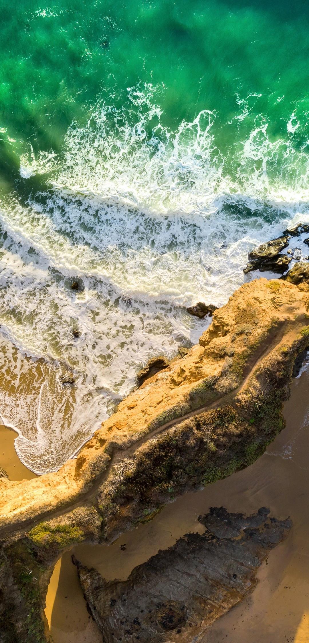 1080x2246 Download 1080x2246 Ocean, Rocks, Beach, Drone Shot, Waves, Foam Wallpaper for Xiaomi Pocophone F Asus ZenFone 5Z