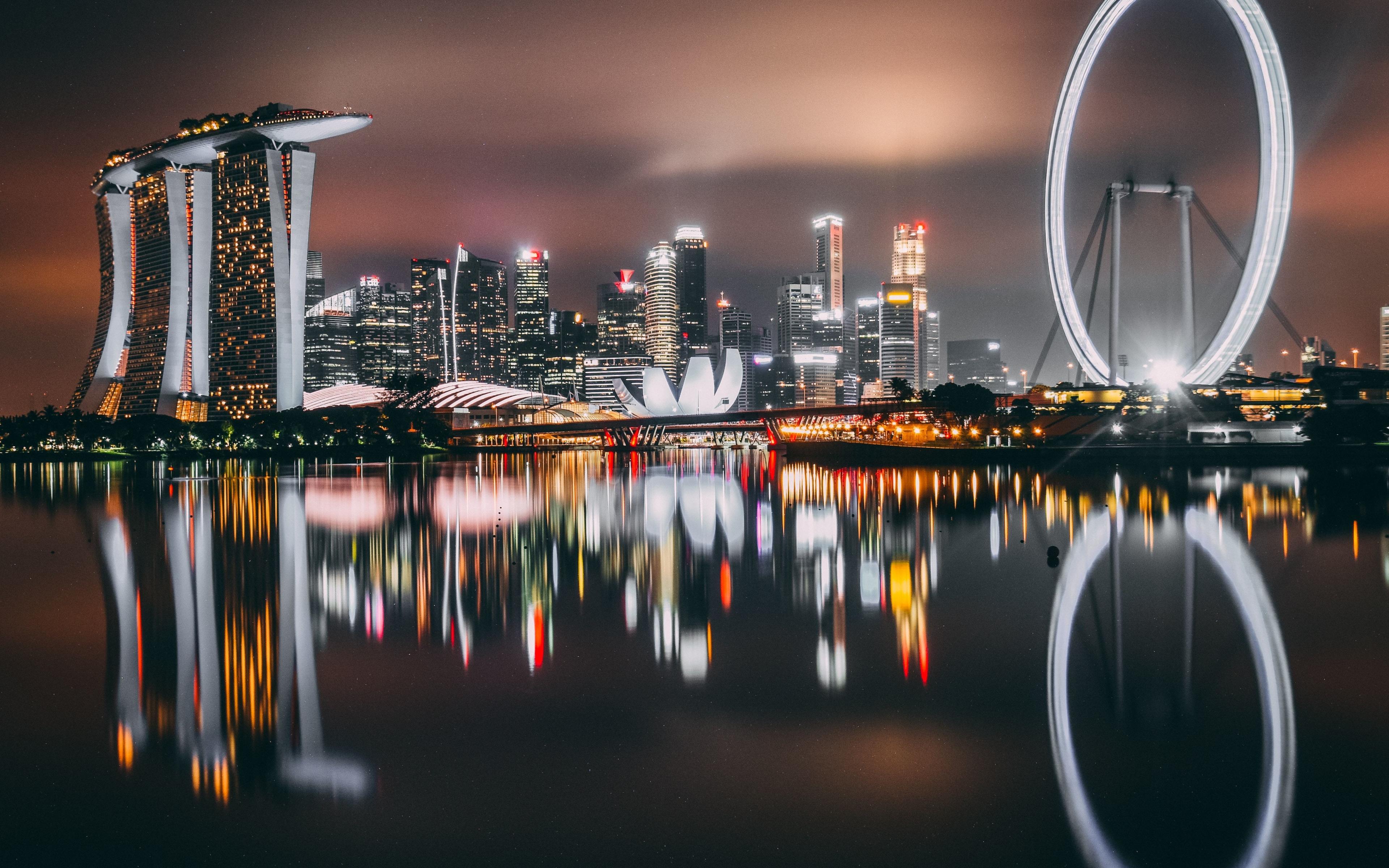 3840x2400 Desktop Wallpaper Singapore, City, Skyscrapers, Buildings, Night, Lights, Reflections, 4k, HD Image, Picture, Background, 7f4161