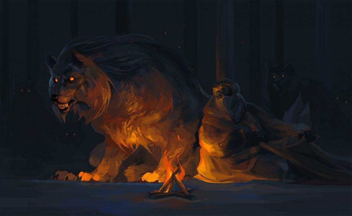 1137x700 Wolves animals men night fire nature figures fantasy wallpaperx985