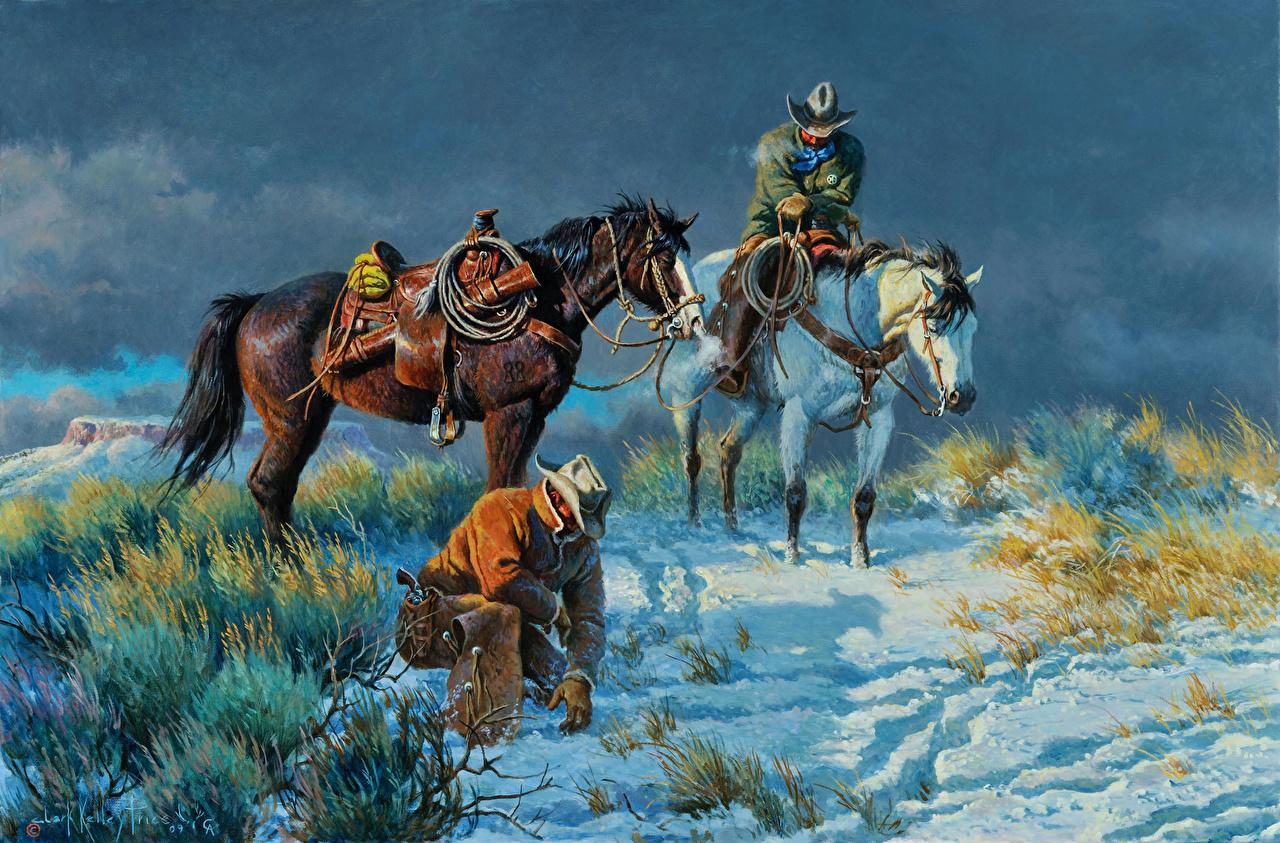 1280x843 Wallpaper horse Men Clark Kelley Snow Pictorial art Animals